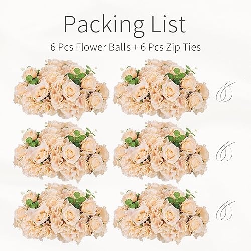 Miniatura 8 de Esferas de flores para centros de mesa, ramo de arreglo  6 bolas grandes de rosas falsas, flores de boda champán para mesas de centros de mesa, bola