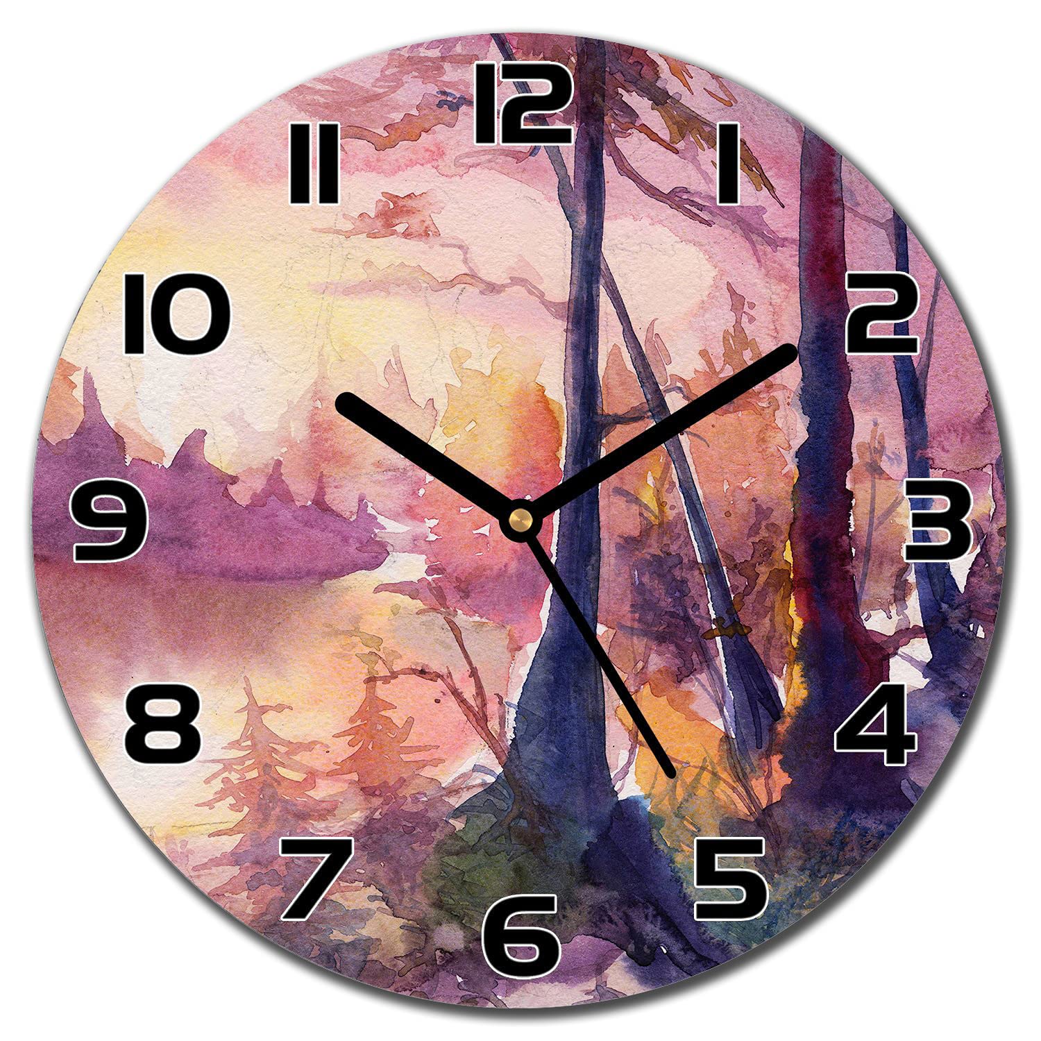 Horloge murale salon en verre securit à motif forêt naturelle contemporaine