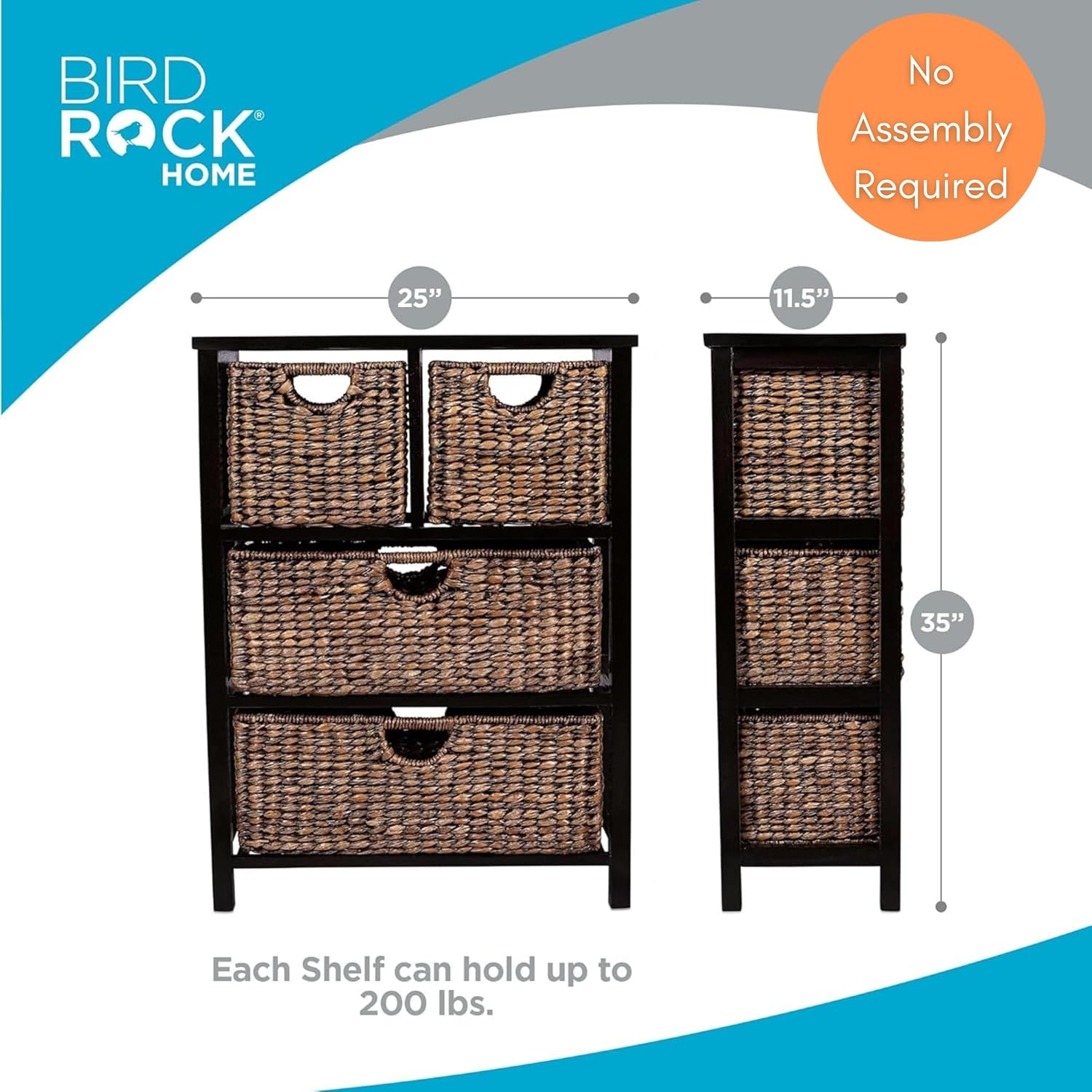 BIRDROCK Home Seagrass Cubby Dresser | 4 Drawer Bins | Decorative Wood Storage Cubbies Shelf Organizer | Industrial Furniture Chest Basket | Espresso