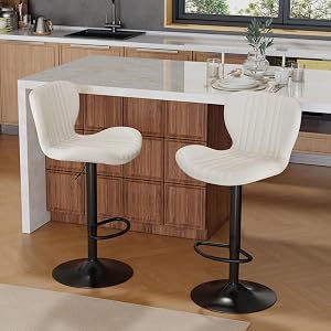 Shintenchi Bar Stools Set of 2 Modern Swivel Bar Chairs, Counter Height Faux Leather Metal Barstools, Upholstered Island Chairs with Back and Footrest, Beige