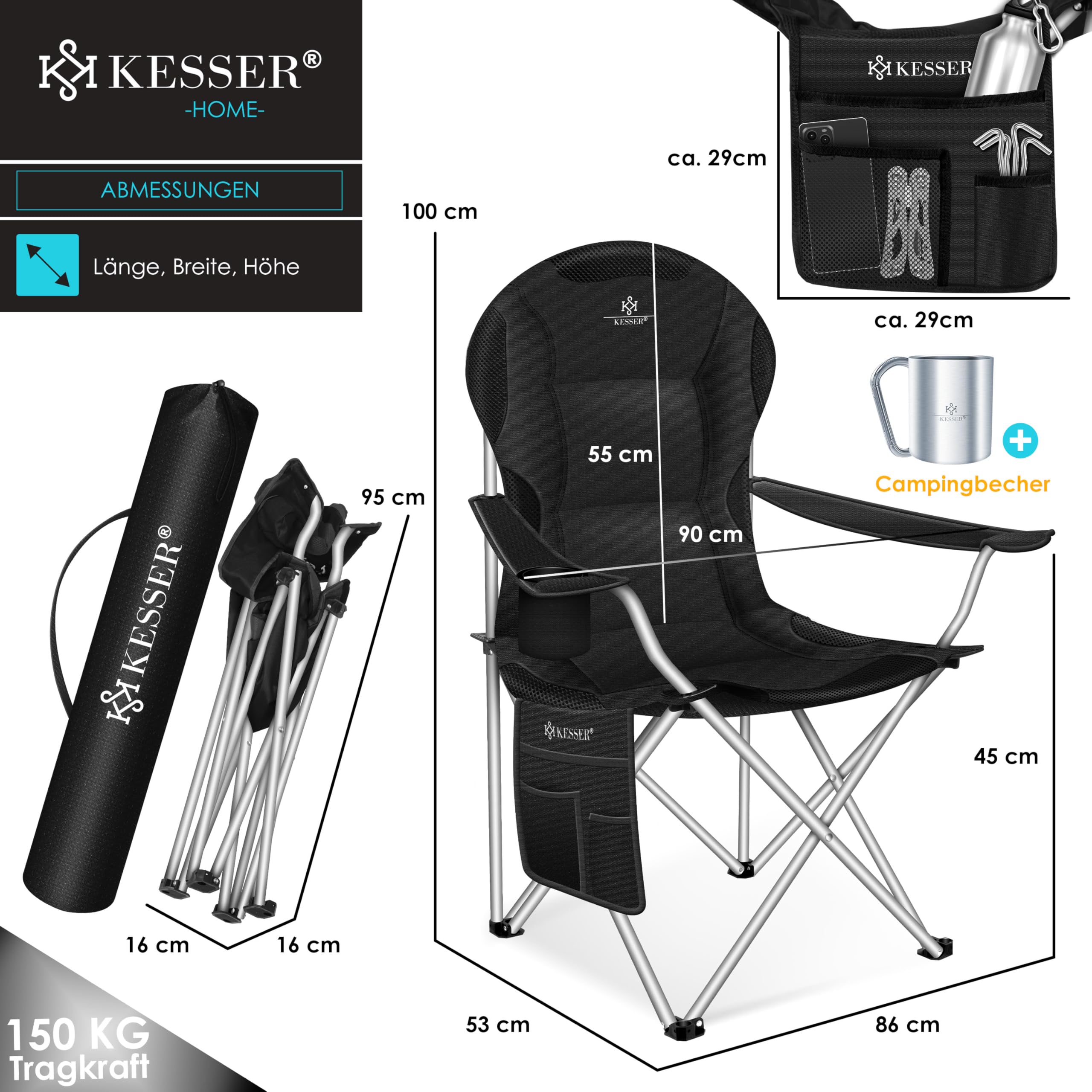 KESSER® Campingstoel, opvouwbaar, tot 150 kg, visstoel, vouwstoel, klapstoel, bekleed met armleuningen en bekerhouder tas met hoge rugleuning, strandstoel, klapkruk, kleur: zwart