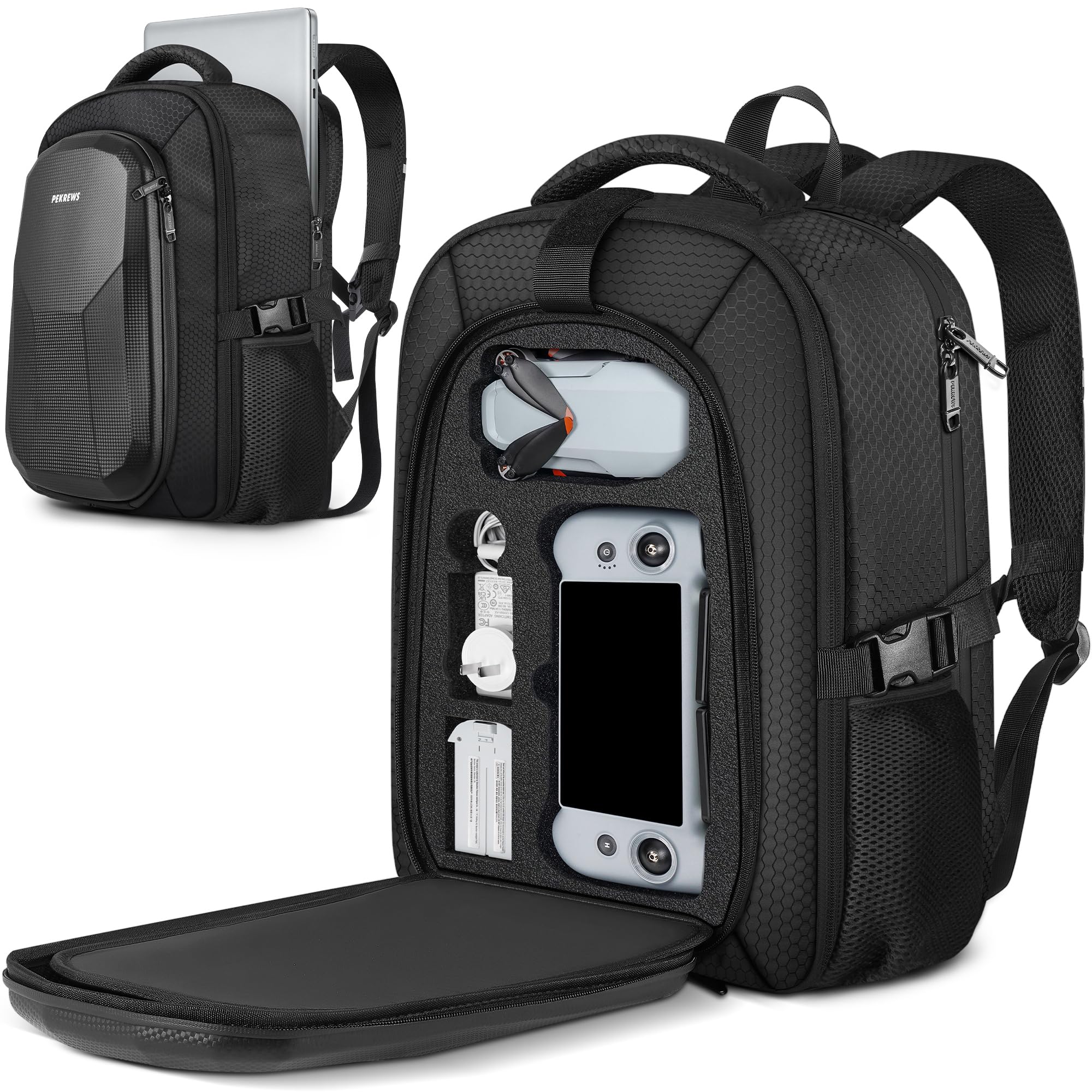 PEKREWS Atom 2 Tasche, Erweiterbar Rucksack für Potensic RC PTD 1 Controller, Hartschale Tragetasche Wasserabweisende Reisetasche für 15,6 Zoll Laptop, Fly More Combo und Drohne Zubehör