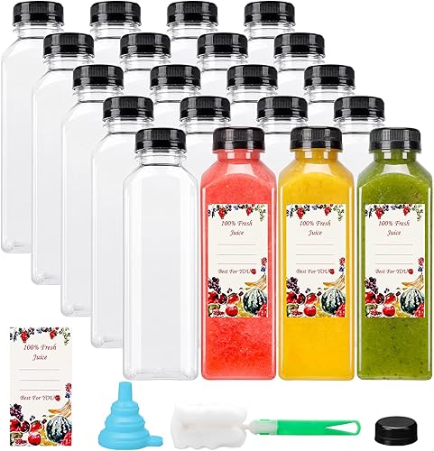 SUPERLELE 20 botellas de jugo de plástico vacĂas de 16 onzas con tapas botellas de agua reutilizables recipientes transparentes a granel con tapas SUPERLELE 20 botellas de jugo de plástico vacĂas de 16 onzas con tapas botellas de agua reutilizables recipientes transparentes a granel con tapas