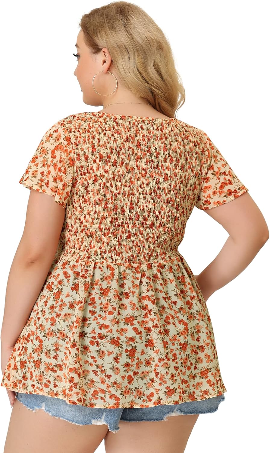 Agnes Orinda Plus Size Chiffon Blouses for Women Summer Flare Short Sleeve Smocked Ditsy Floral Peplum Top - Image 5