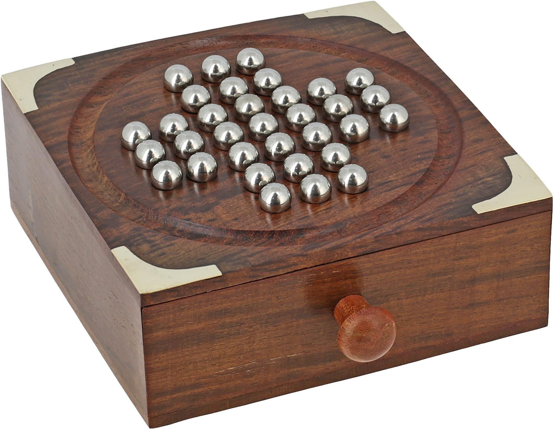 AjunyWooden Solitaire Game Handmade Decorative with Steel Marbles Indoor Outdoor Fun Family Tabletop Board Games with Storage Drawer Best Gift 6x6x2 Inches
