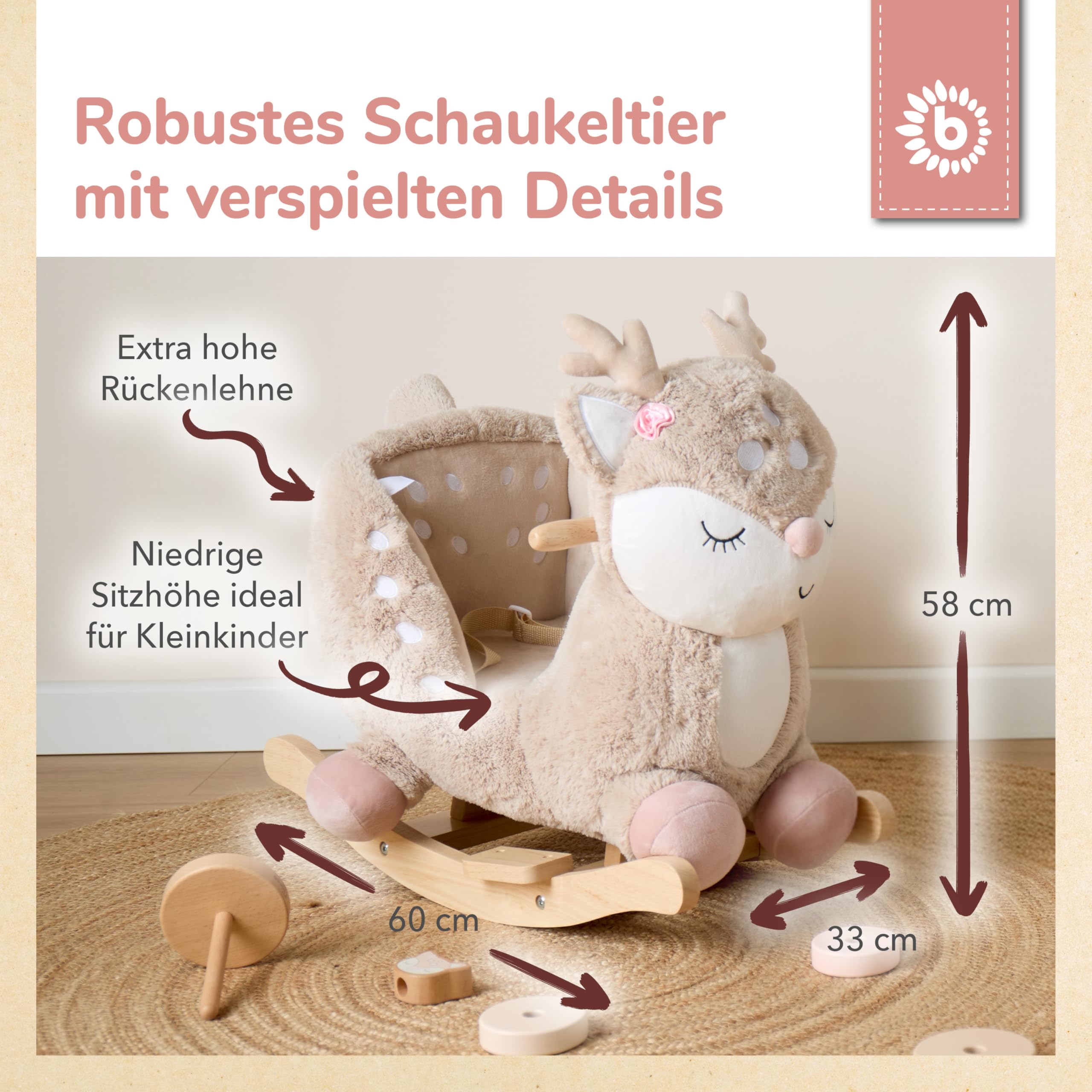 Bieco Plüsch Schaukeltier REH, 60 cm | Kinder Schaukelstuhl mit Sicherheitsgurt | Baby Schaukel | Schaukel Kleinkind | Schaukeltier Baby Schaukelwippe ab 9 Monate | Schaukelpferd Holz