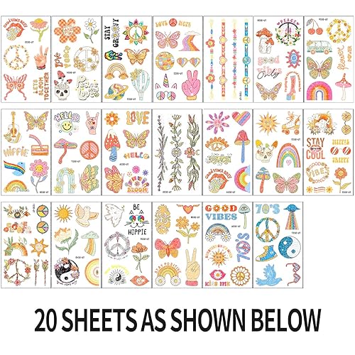 Miniatura 2 de Tatuajes temporales hippie con purpurina para mujeres, decoraciones de fiesta geniales retro de los años 70, amor y paz, dos maravillosos recuerdos