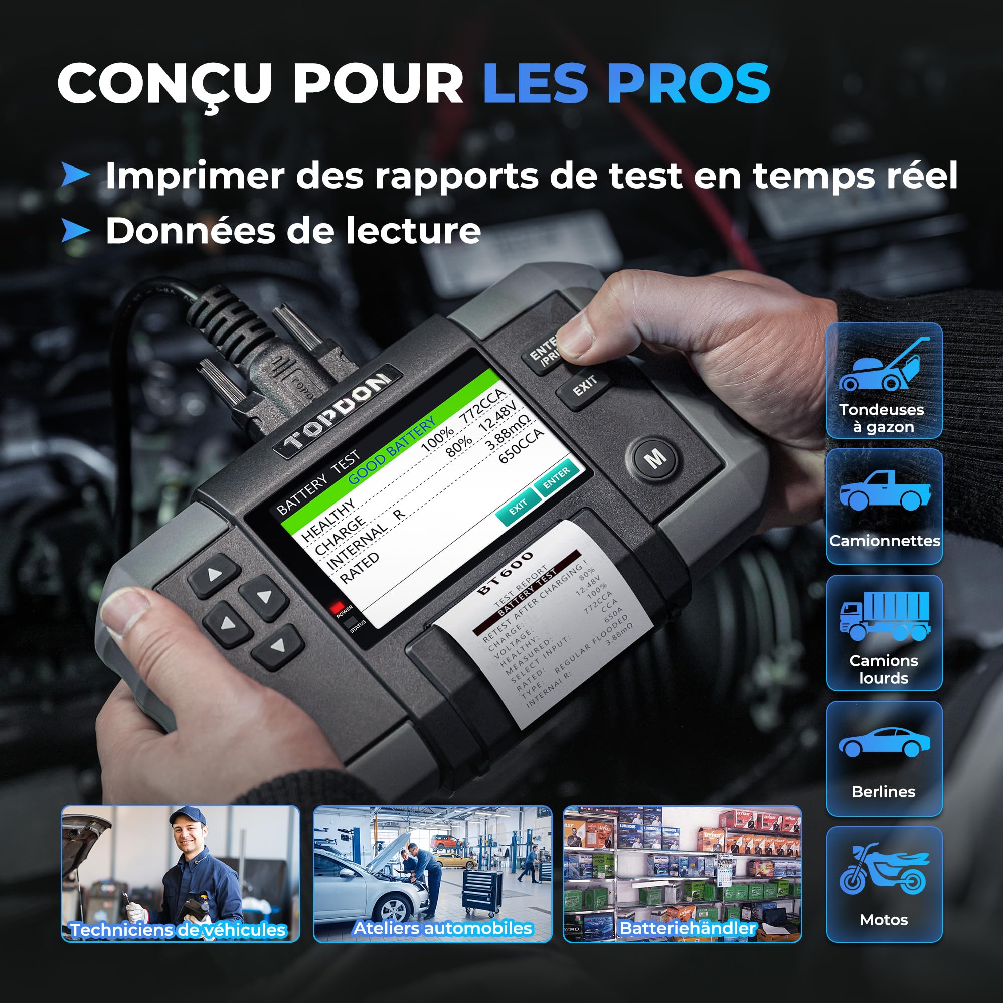 TOPDON Testeur de batterie BT600, 12V 24V Testeur Batterie Voiture kfz avec imprimante 100 à 2000 CCA écran couleur de 3,5 pouces câble de 5,9 pieds, mini USB pour les mises à jour logicielles