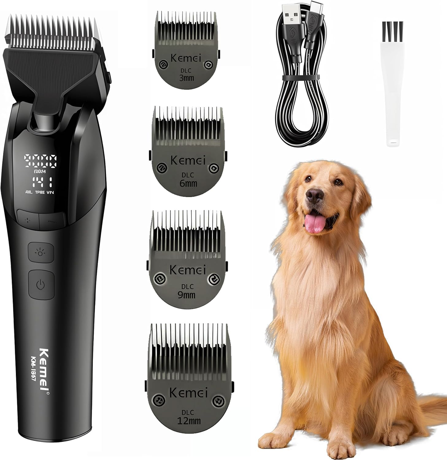 KEMEI-1857 Dog Grooming Clippers & Cat Grooming Kit, Professional Cordless Trimmer with LED Display, 4 Adjustable Guide Combs (3/6/9/12mm), USB Rechargeable, Low Noise for Home Pet Grooming