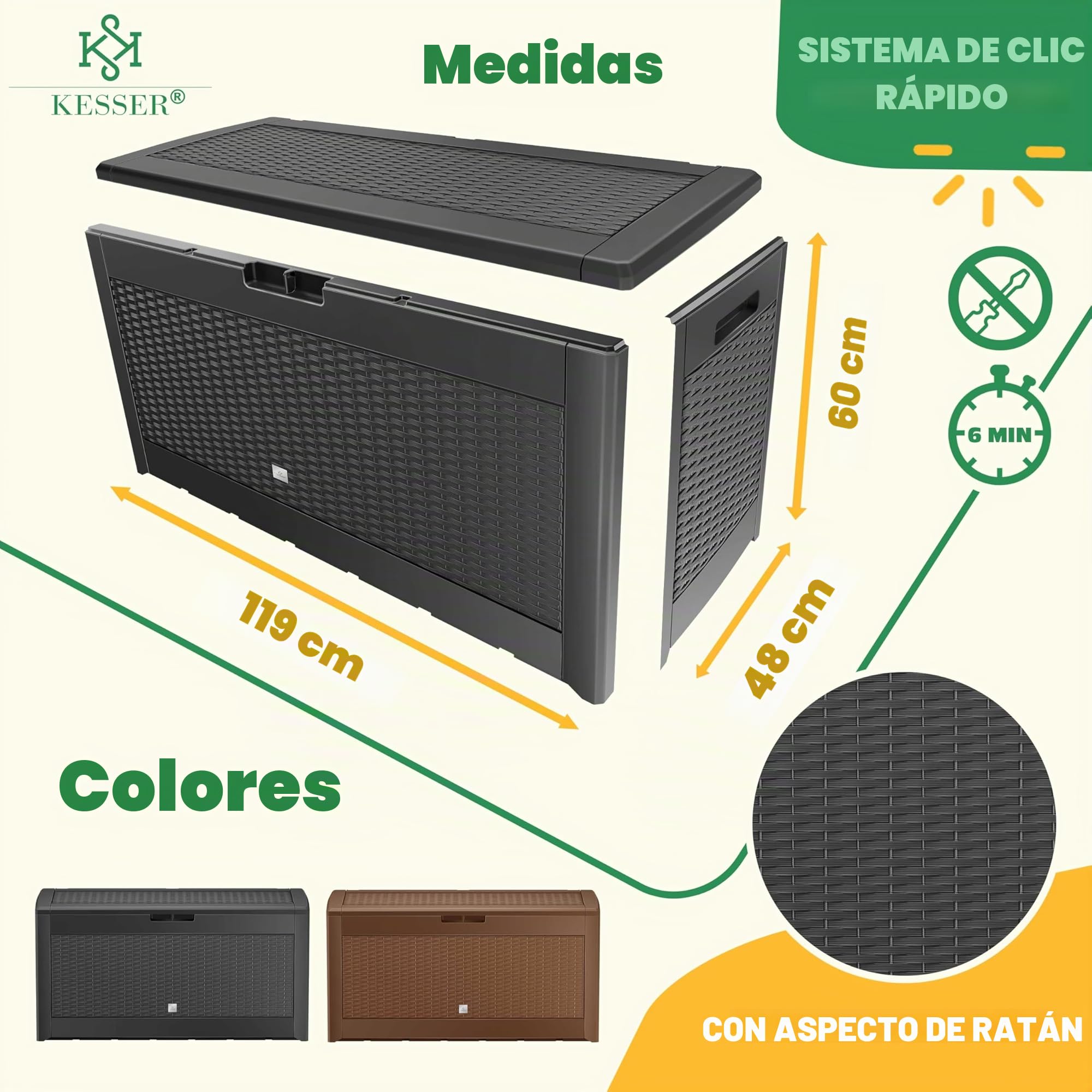 KESSER® Caja para Cojines 310 Litros Con Ruedas, Tapa Plegable, Asas, Aspecto de Ratán, Resistente a la Intemperie, Almacenamiento para Jardín
