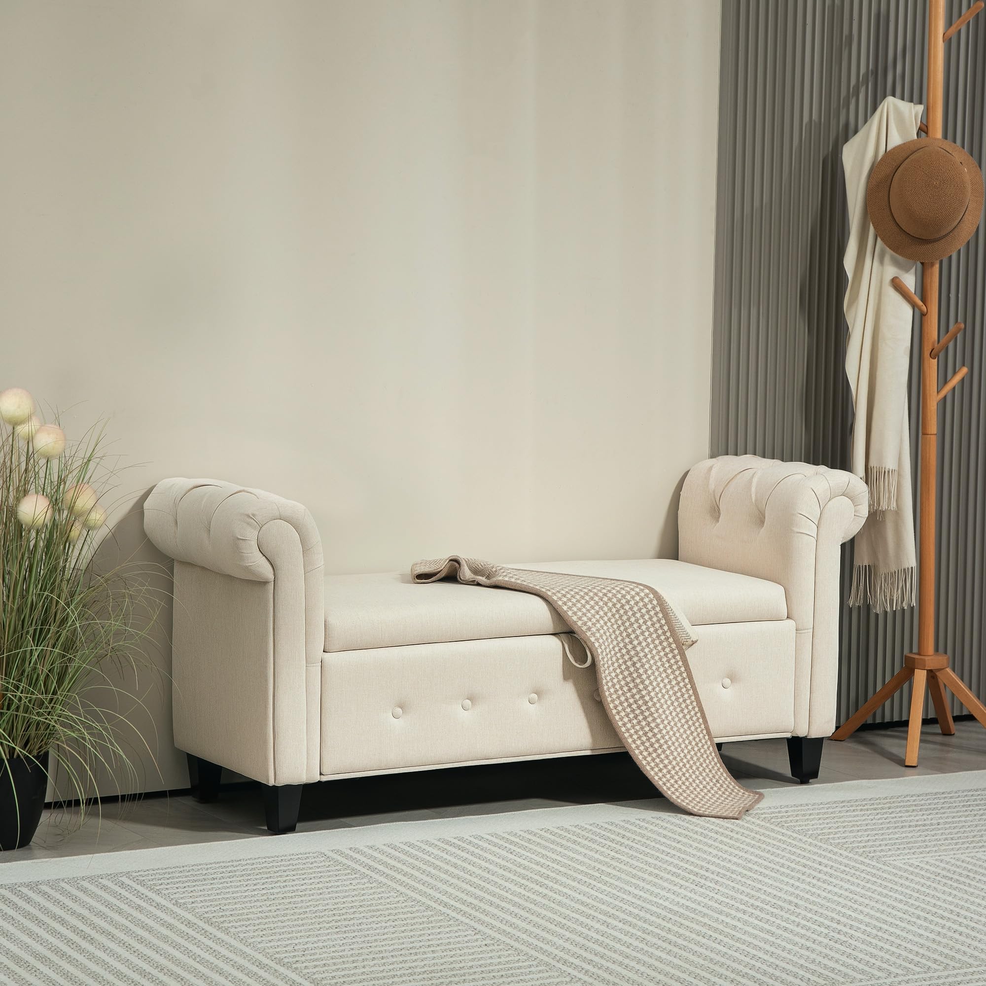 HOMCOM Banco de Almacenamiento Taburete de Almacenaje de Lino con Tapa de Bisagras Patas de Madera y Reposabrazos Enrollados para Dormitorio Salón Pasillo Carga 150 kg 146,5x49x74,5 cm Beige