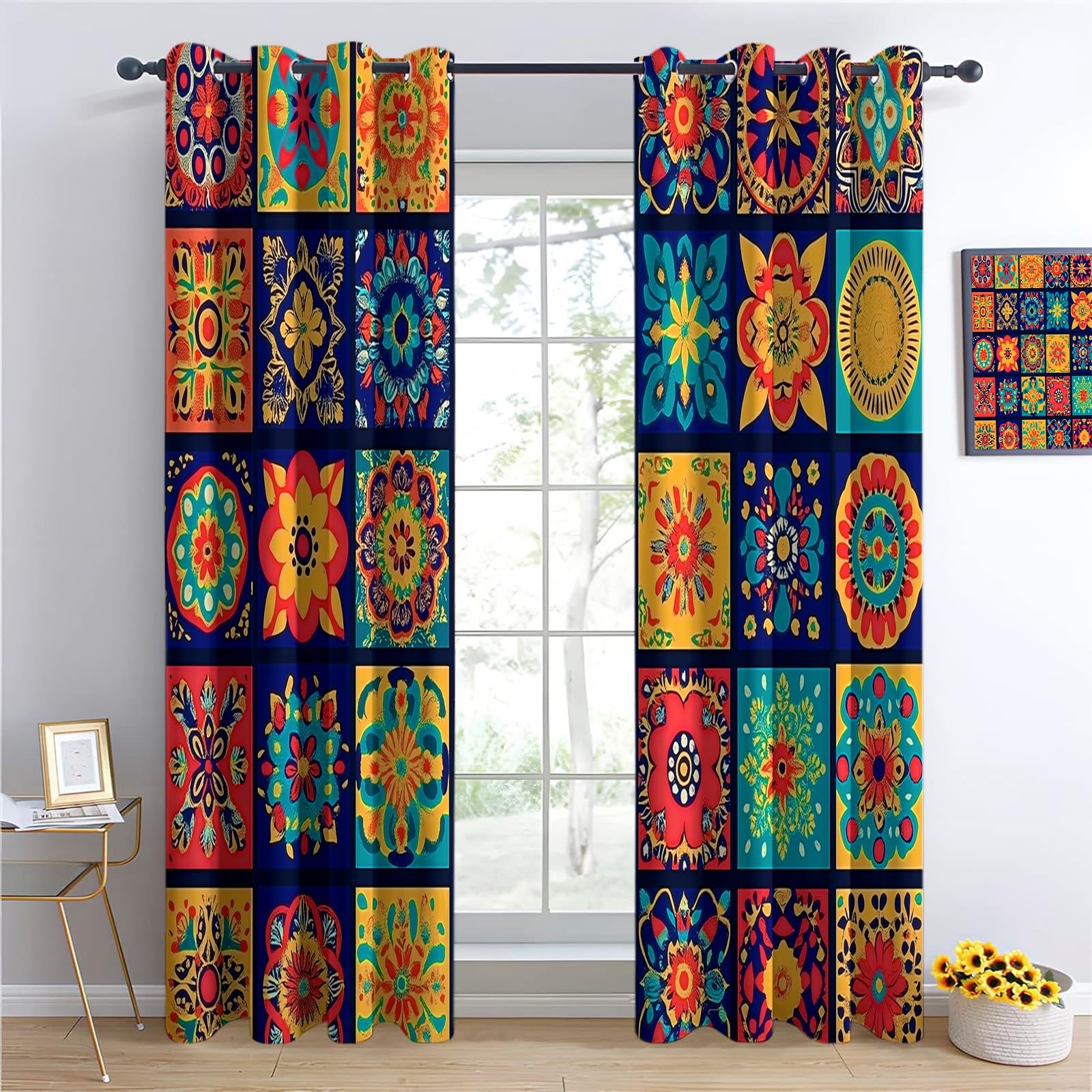 Marokańskie geometryczne kształty Kwieciste Płytki Termiczna zasłona zaciemniająca 140 x 225 cm Zestaw 2 sztuk, Zasłony do salonu Wnętrze Domu Zaciemniające Termicznie Izolowane Zimno, Kolor