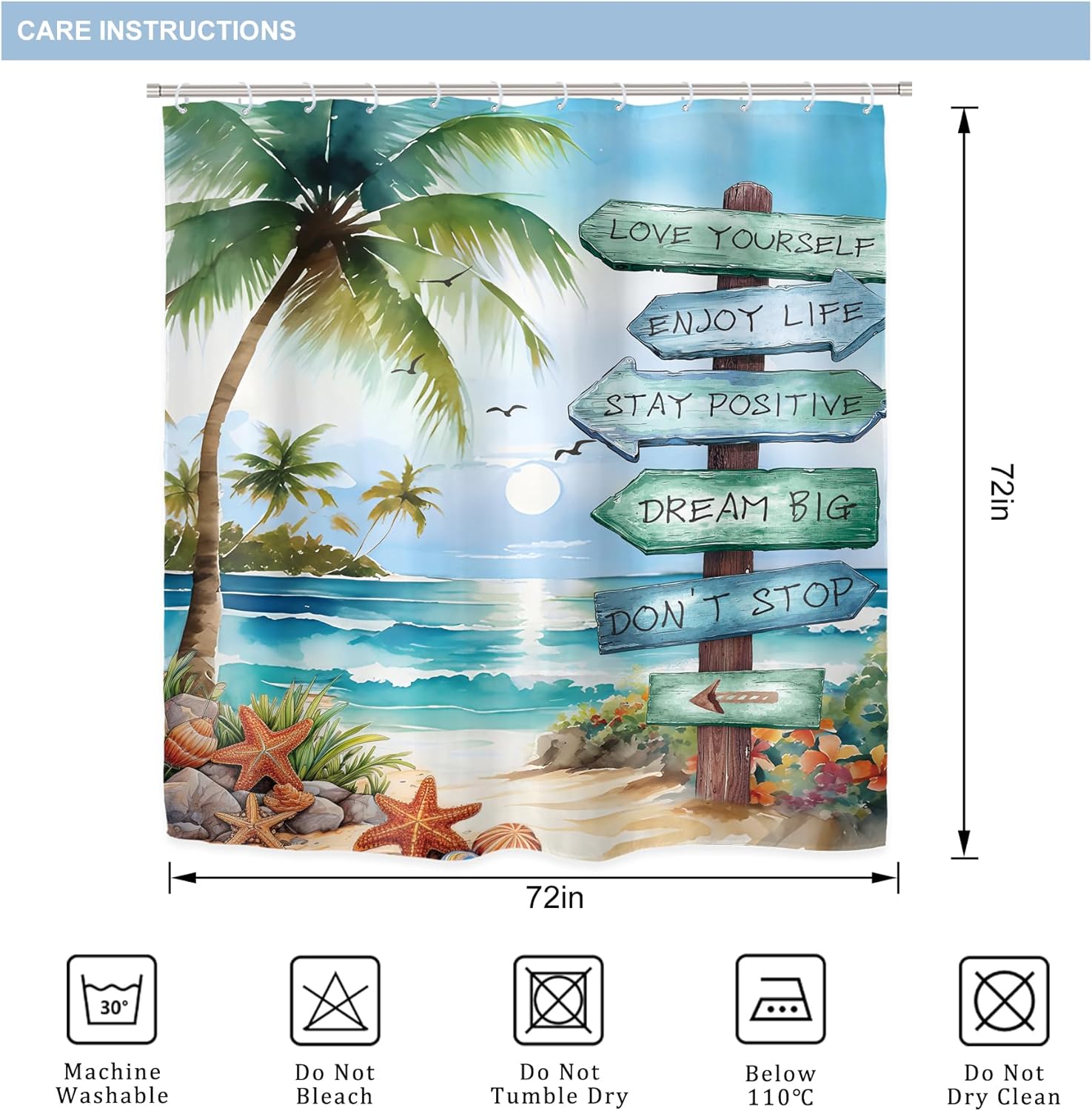 Riyidecor Beach Ocean 4Pcs Bathroom Shower Curtain Sets Teal Blue Nautical Positive Quotes Bathroom Decor Set with Rugs and Accessories Coastal Toilet Lid Rug, Contour and Bath Mat with 12 Hooks