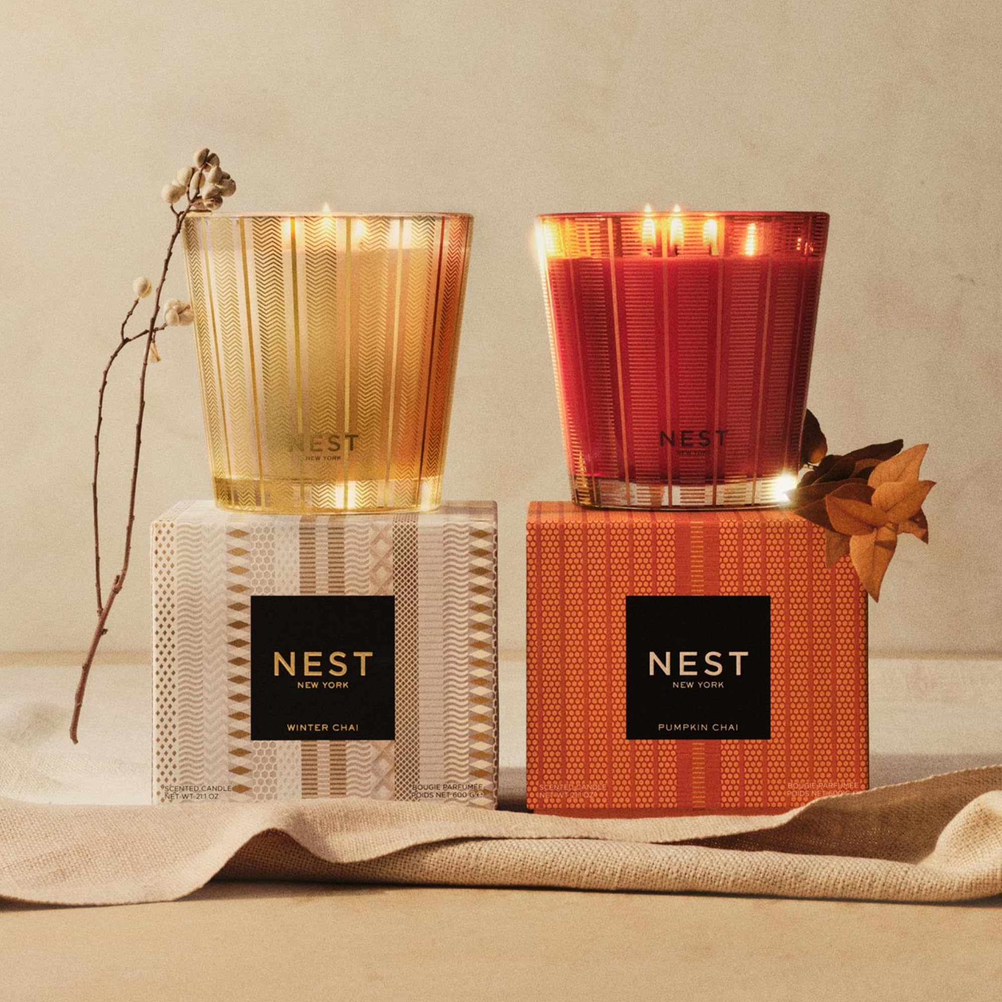 NEST New York Set di candele profumate a 3 stoppini, include Winter Chai e Pumpkin Chai, 601 g ciascuna, fino a 100 ore di combustione ciascuna, contenitore in vetro riutilizzabile