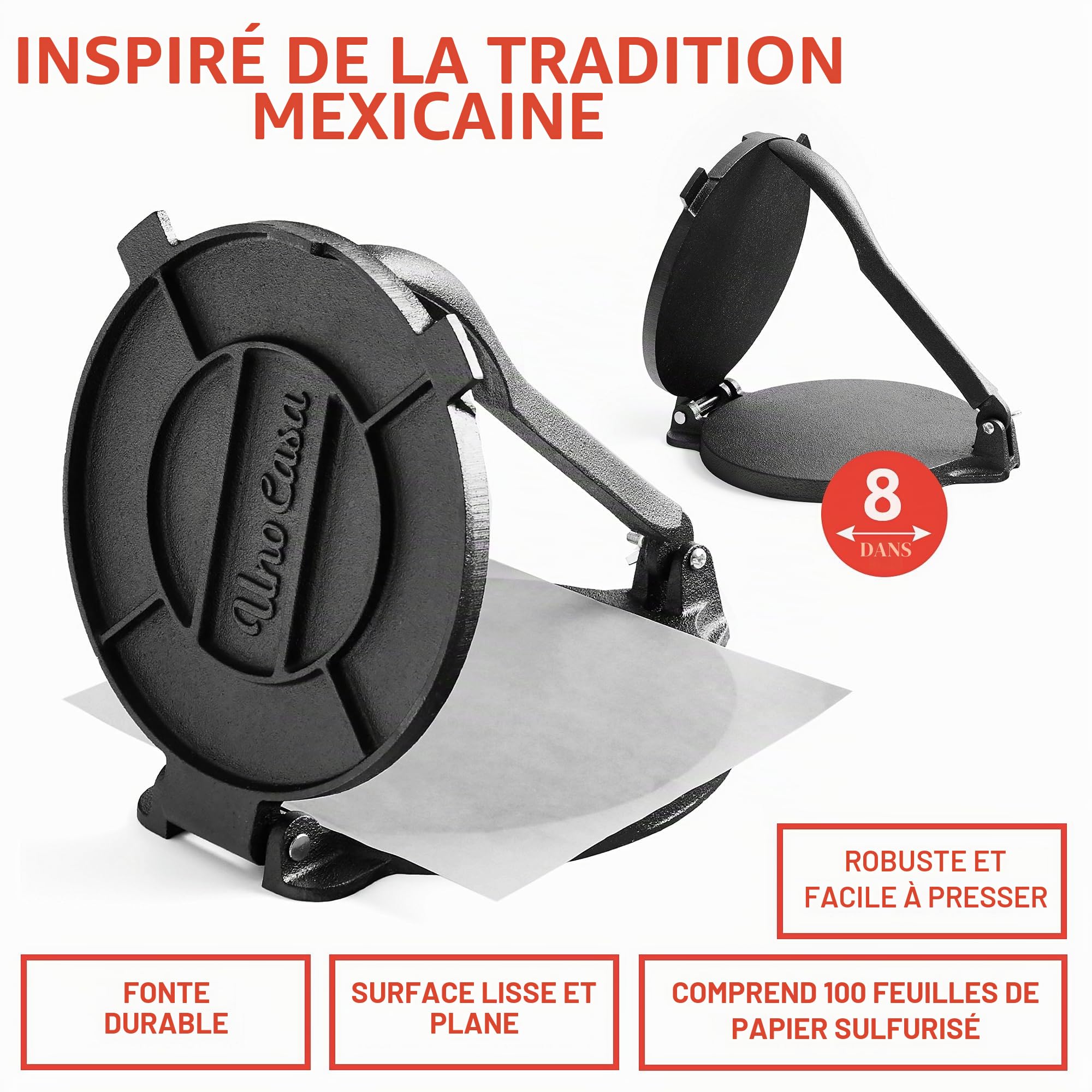 Uno Casa Presse à tortilla en fonte 20,3 cm avec chauffe-tortilla