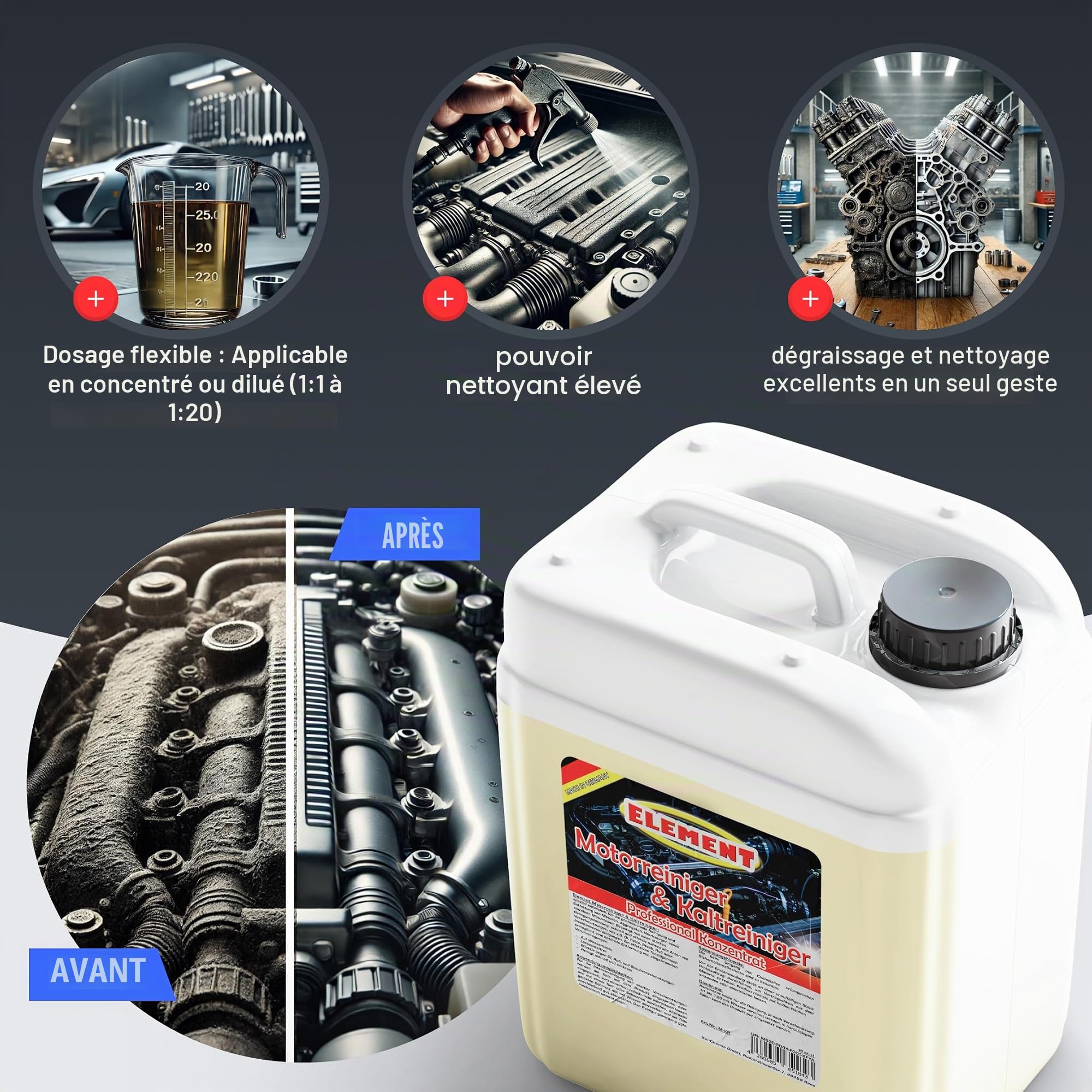 Element 5 litres de nettoyant pour moteur - Concentré économique - Haute puissance de dissolution de la saleté - Nettoyant d'atelier - Nettoyant de pièces - Purificateur à froid - Nettoyant moteur