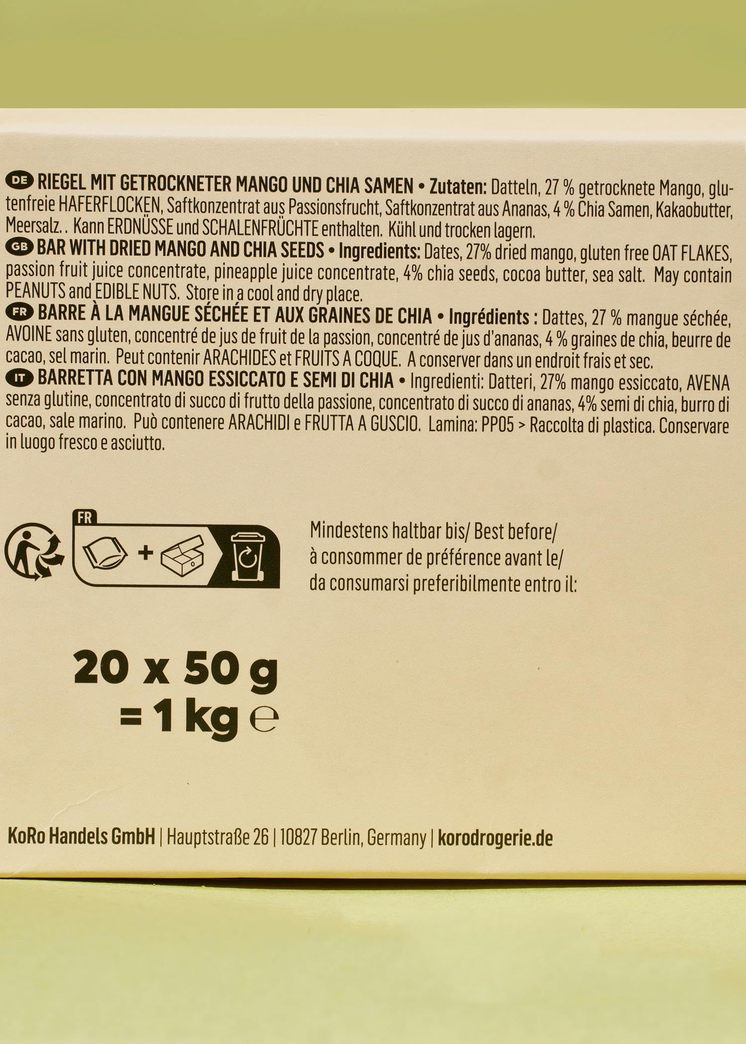 KoRo Raw Bar Mango-Chia 20 x 50 g 27% Mangoanteil Vegan glutenfrei