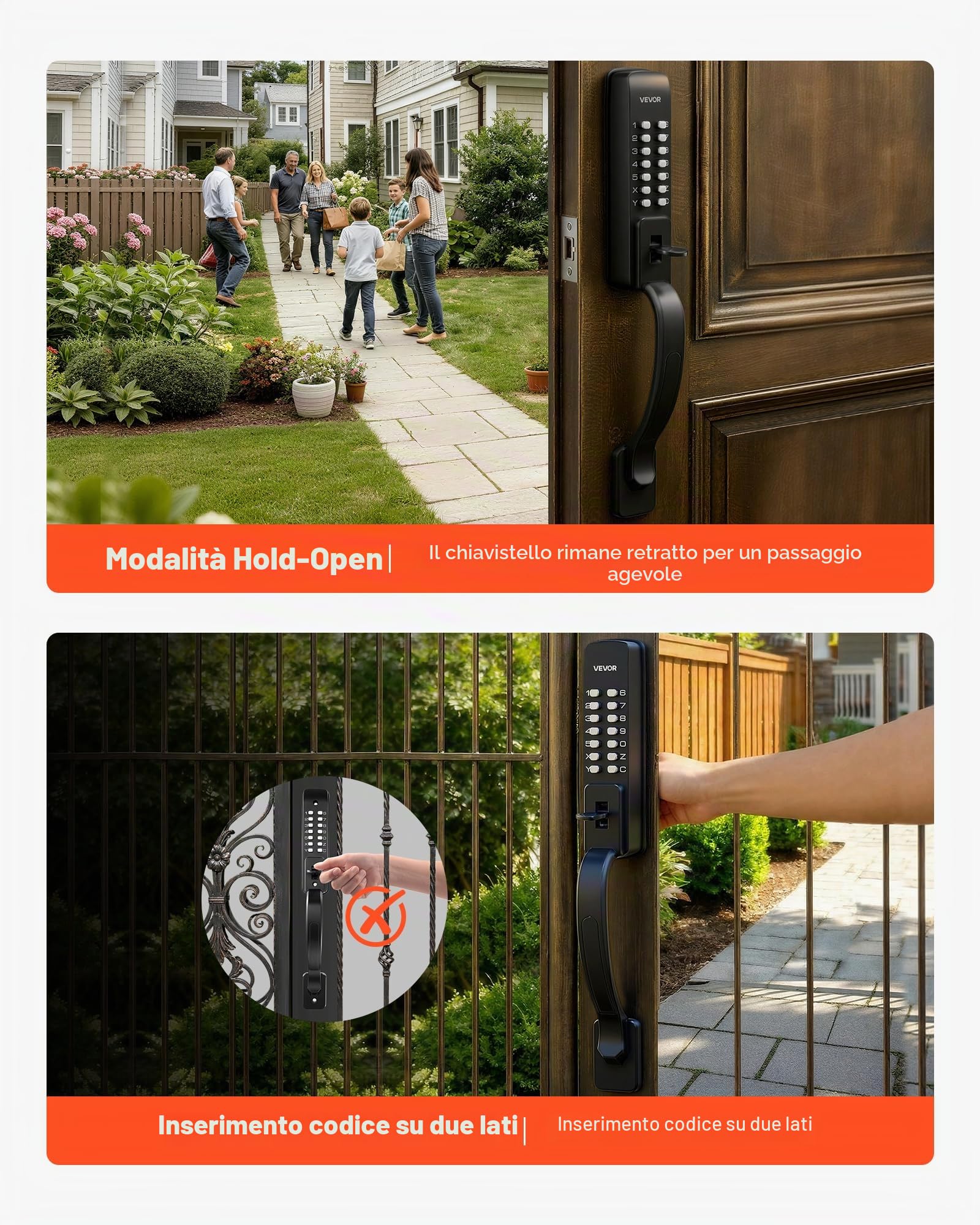VEVOR Serratura Meccanica a Combinazione per Porte con Tastiera Bifacciale Codice da 4-7 Cifre con Manico, Serratura Senza Chiave a Combinazione Porte d'Ingresso, Giardino, Cancello, Nero