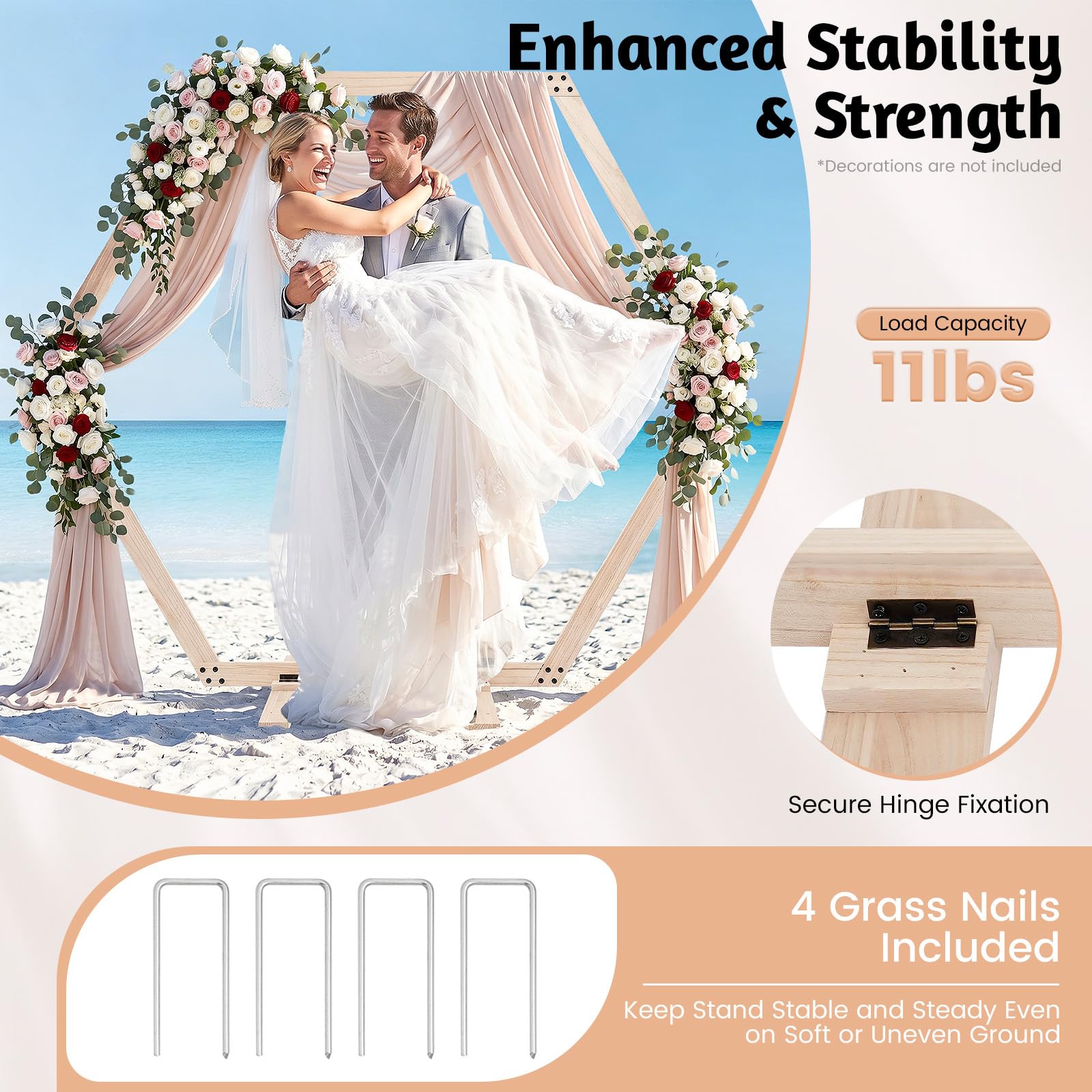 Hochzeitsdeko Holz Hochzeitsbogen Gestell Sechseckige Ballonbogen 2.33m Willkommensschild Hochzeit DIY-Design Ballonständer Outdoor Foto Hintergrund Indoor Party Ständer Retro Tischbogen