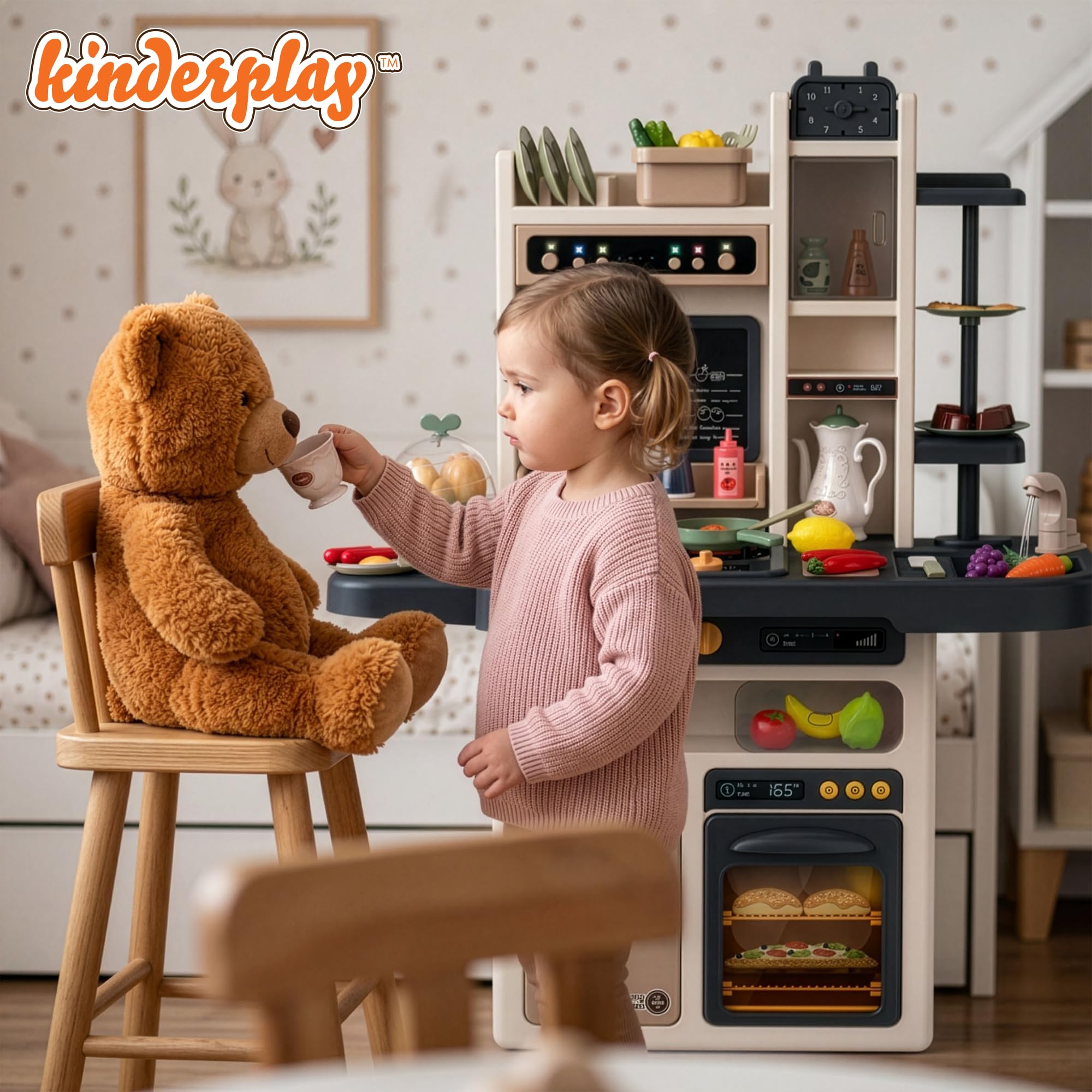 Kinderplay Cuisine Enfant - Hauteur 93.5 cm, Plan De Travail 46 cm - 65 Accessoires | Dinette | Cuisine Fille Complete, KP3297