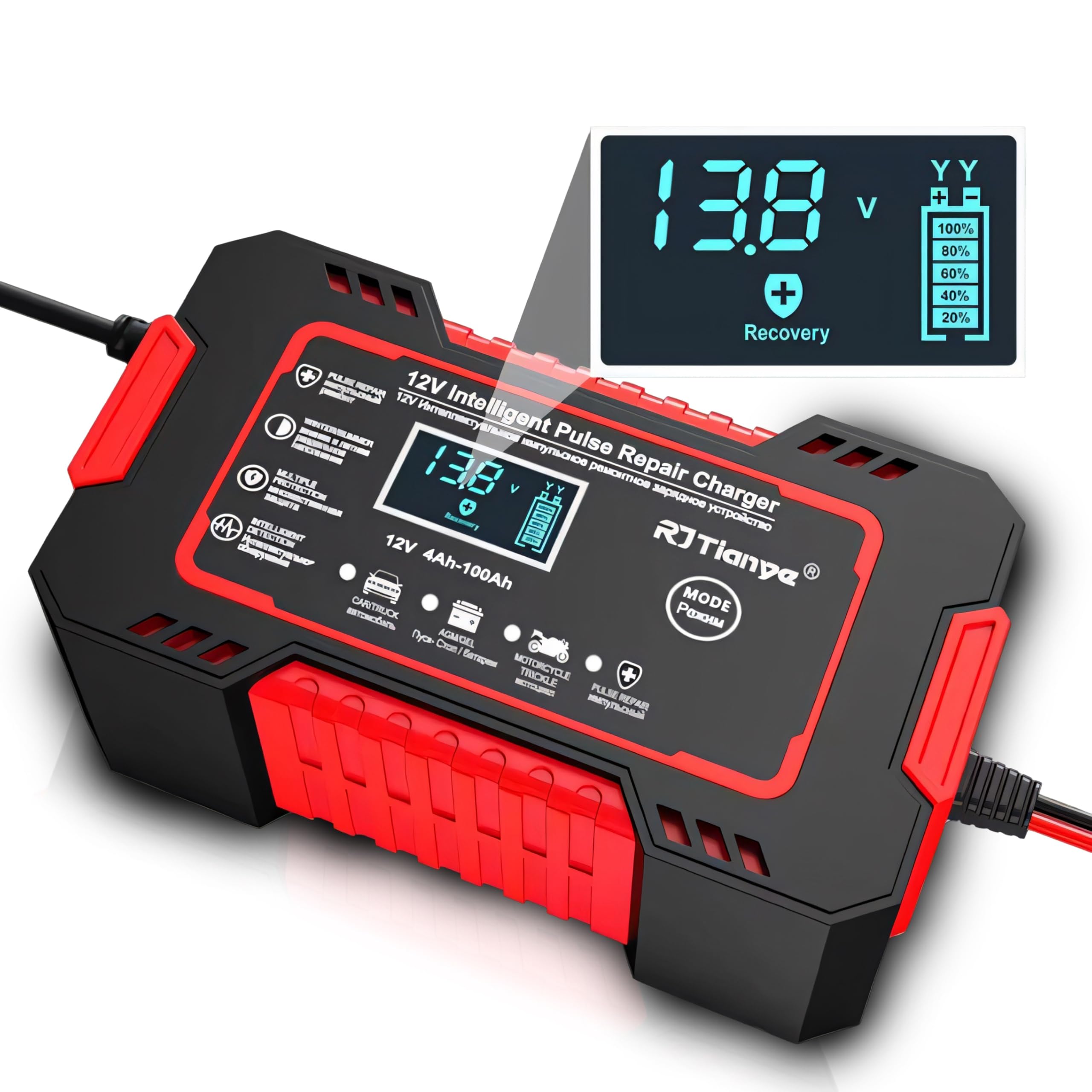 Retoo Automatyczna prostownica samochodowa 12 V/24 V 6A, LCD Smart Charger z funkcją naprawy, zintegrowany wentylator, 7 trybów ładowania, ochrona akumulatora