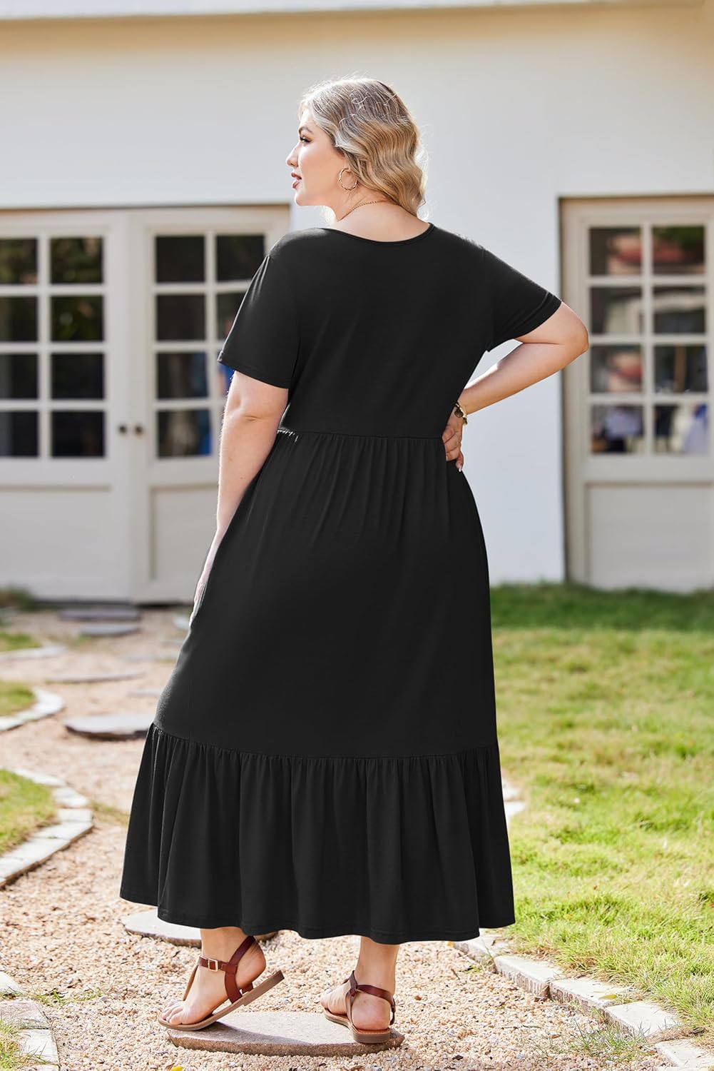 IN'VOLAND Women Plus Size Short Sleeve Dress Loose Plain Casual Summer Flowy Tiered Long Maxi Dresses with Pockets - Image 5