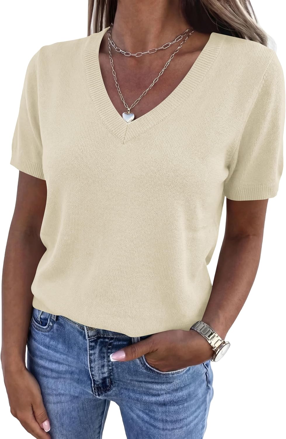 PRETTYGARDEN Womens Short Sleeve Sweater V Neck Trendy Pullover Tops 2026 Summer Spring Loose Lightweight Casual Blouse