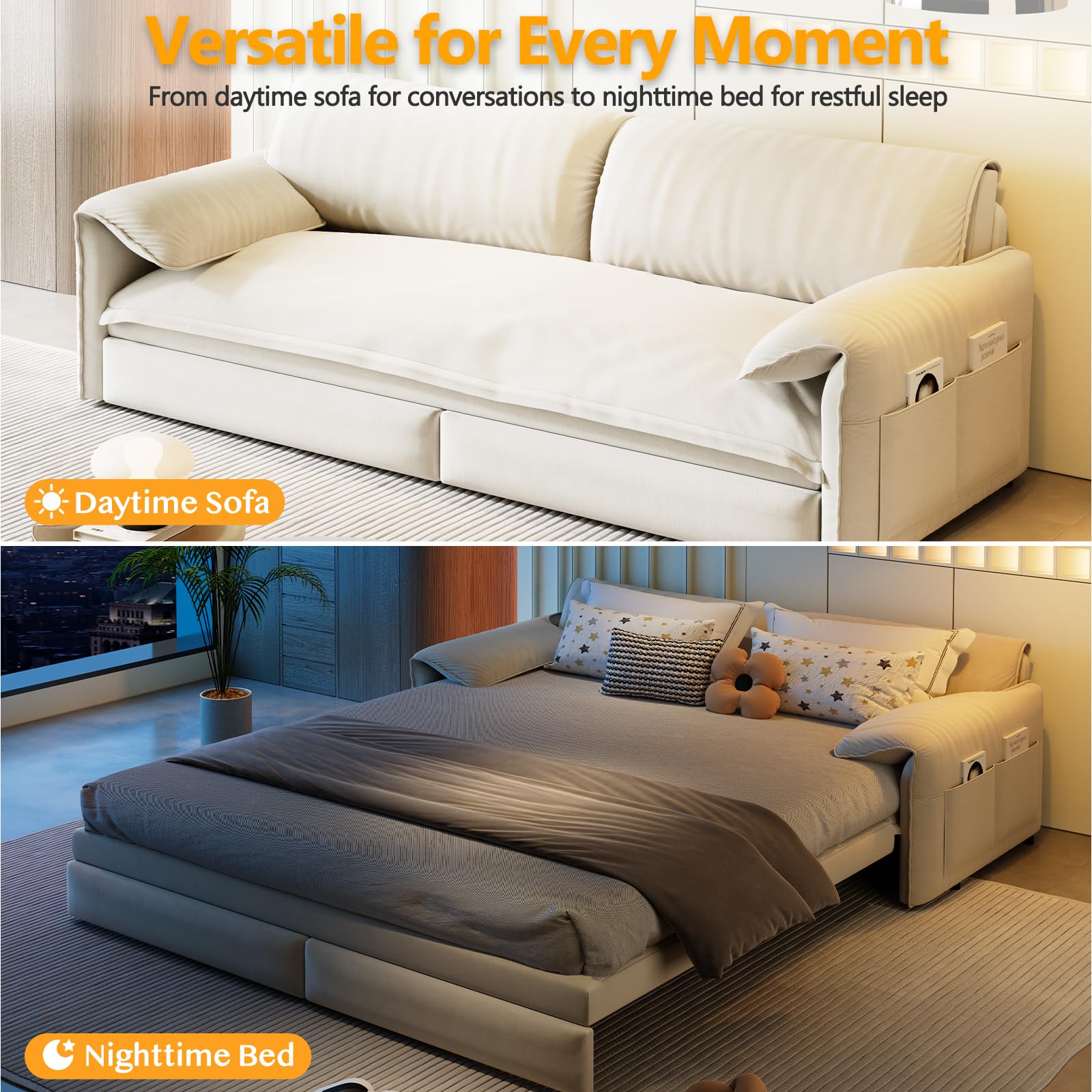 63.8" Sleeper Sofa Bed Queen Size, Pull Out Convertible Velvet Couch, Beige | 3-in-1 Sofa, Recliner & Bed, Removable Cover, Padded Arm, Pocket, for Narrow Doors, Living Room, Small Space, Apartment & RV