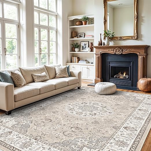 10x14 Washable Vintage Area Rug - Large Rugs for Living Room Soft Stain Resistant Carpet with Non-Slip Backing Low Pile Water Resistant Rug for King Size Bed Pet Friendly Home Decor Mat(10x14 Beige)
