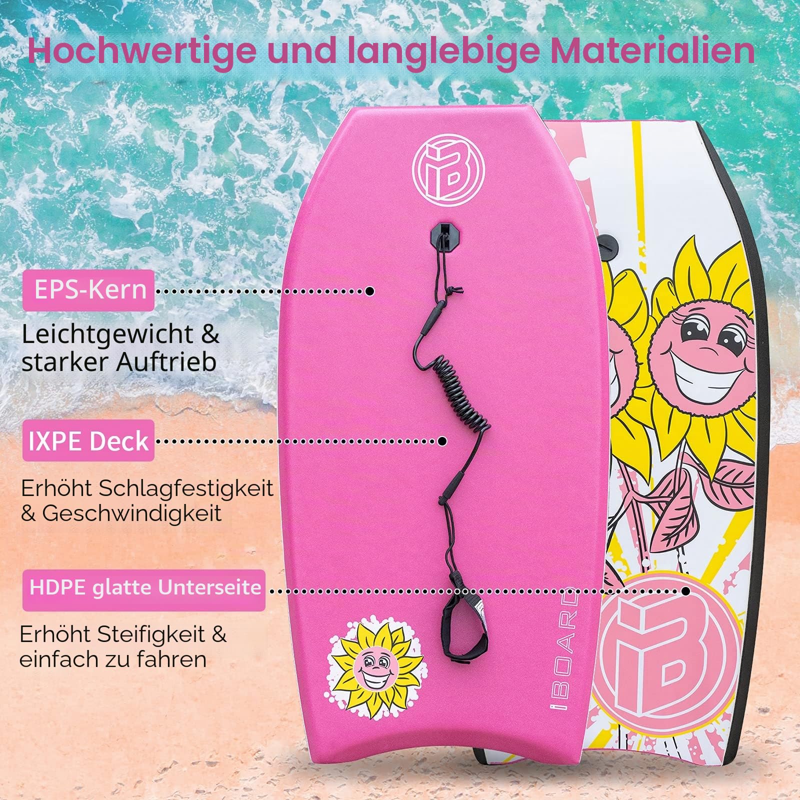 Body Board, 83 cm leichtes Bodyboard mit EPS-Abdeckung, Premium-Leine und Handschlaufe zum Surfen