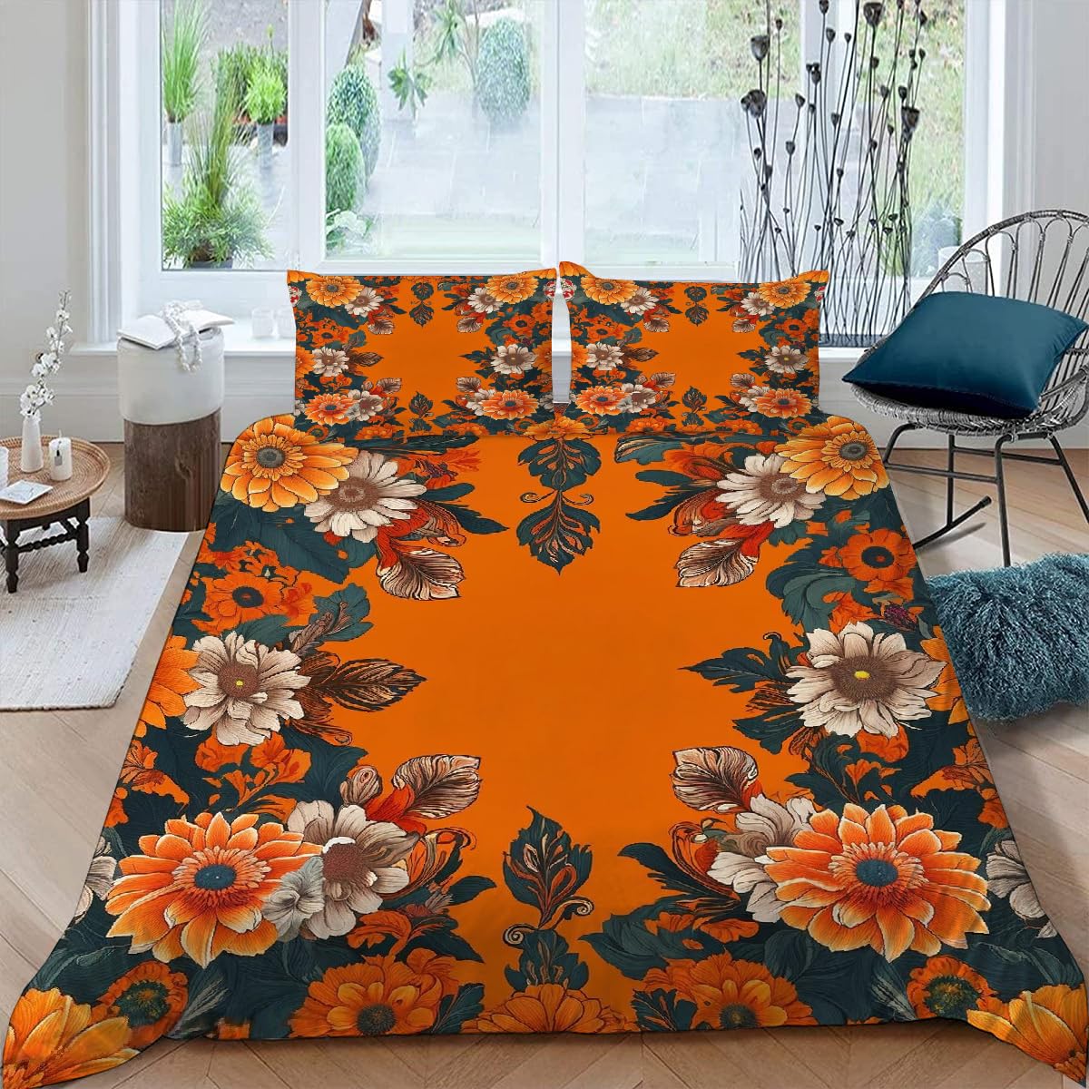 Housse de couette 220x240cm floral avec 2 taies d'oreiller retro