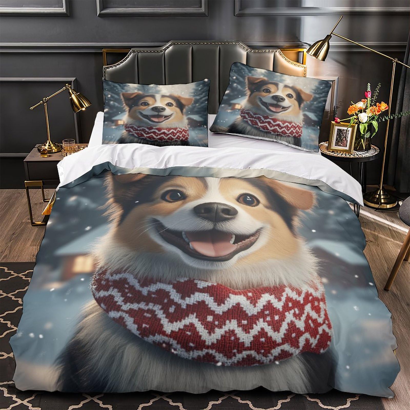 Housse de couette chien mignon 3D 260x220 cm avec 2 taies d'oreiller en microfibre