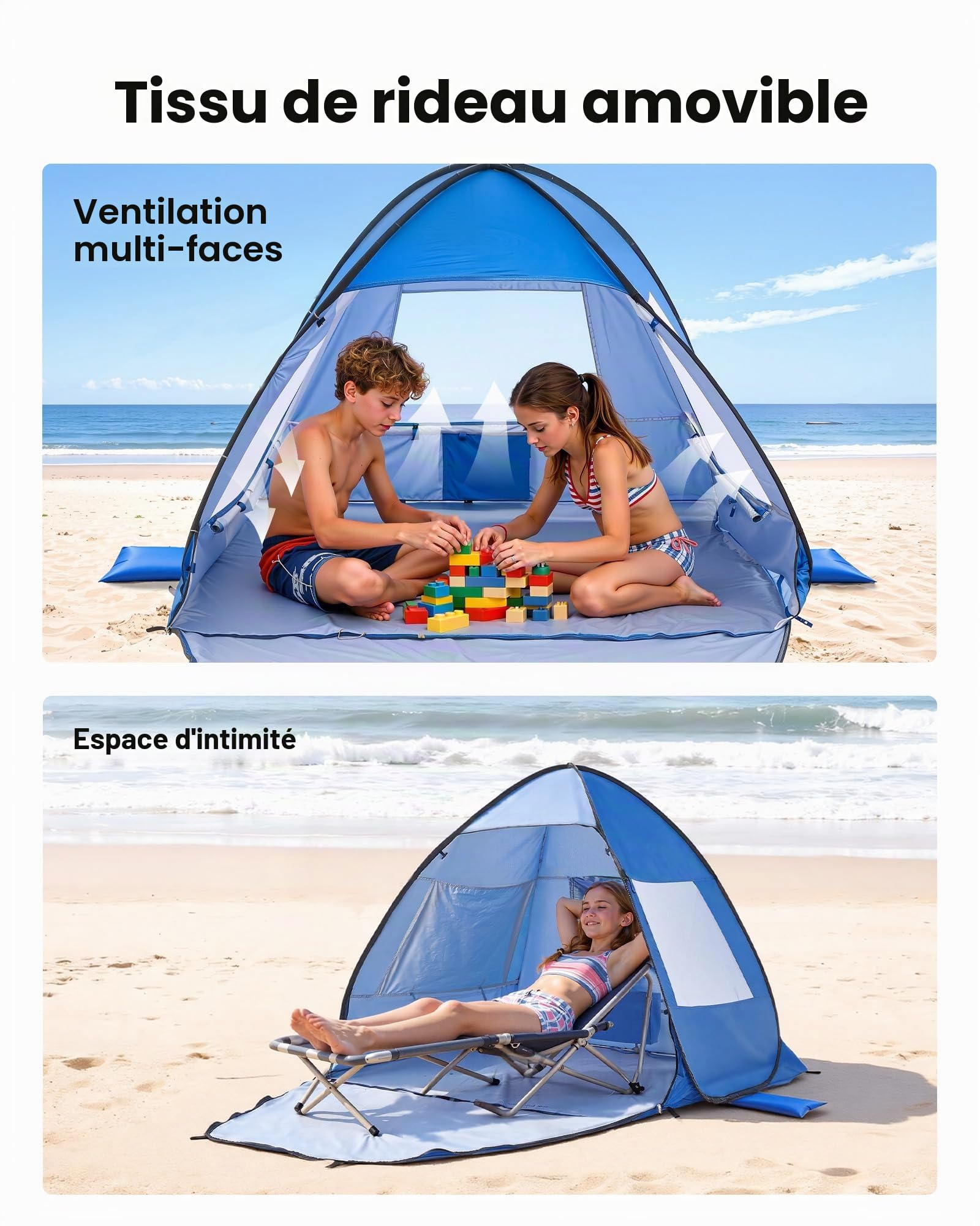 VEVOR Tente de Plage Portable pour 2 Personnes, Abri de Plage Anti-UV Protection UPF 50+, Auvent de Camping Pêche Pique-niques en Plein Air, Abri Soleil avec Sac de Transport et Poches à Sable