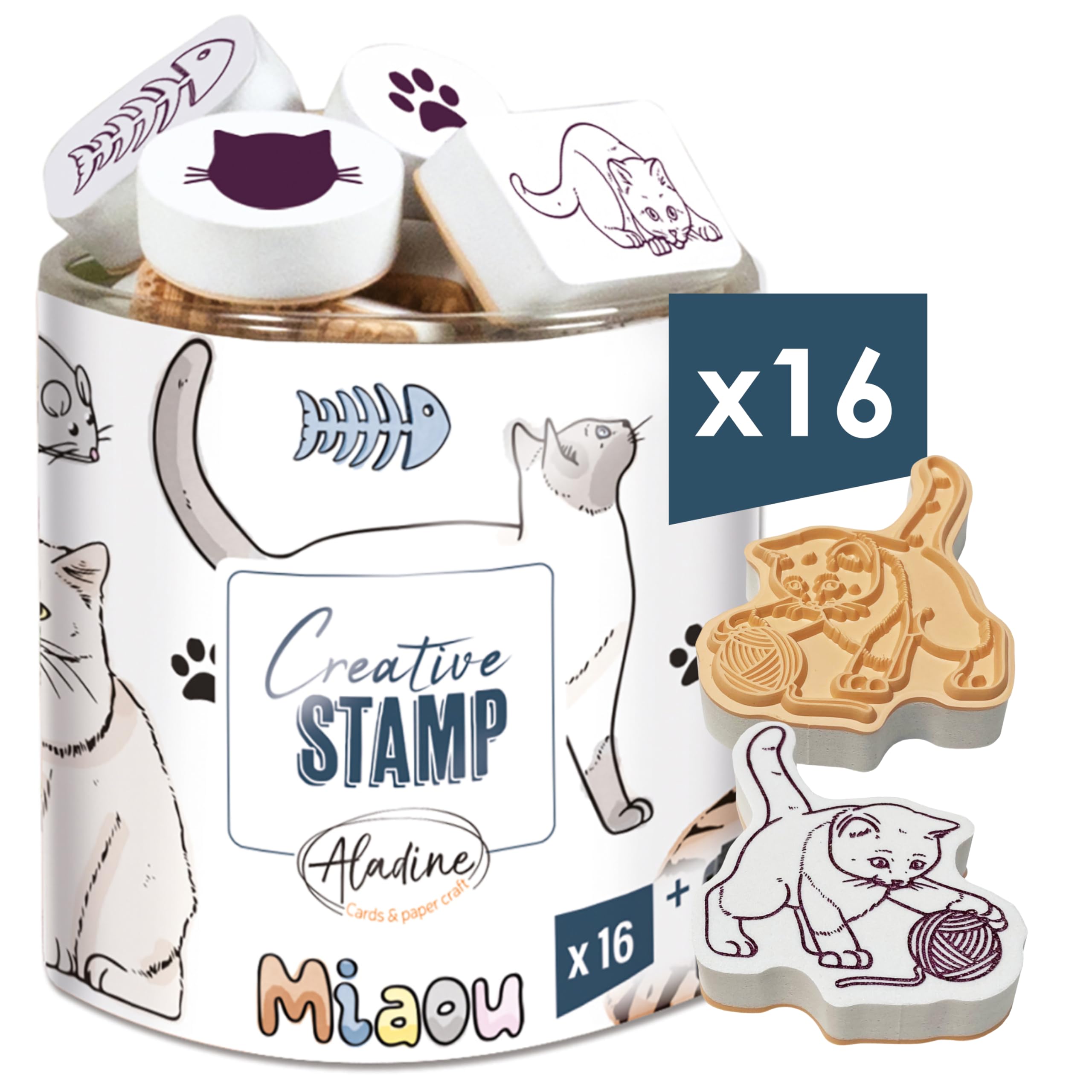 Aladine -16 Cat Stamps with Ink – Foam & Rubber – for Carding, Bullet Journal, Scrapbooking, Hobbies, Drawing – Creative Stamp – Gift Idea for Children Adult, 03714