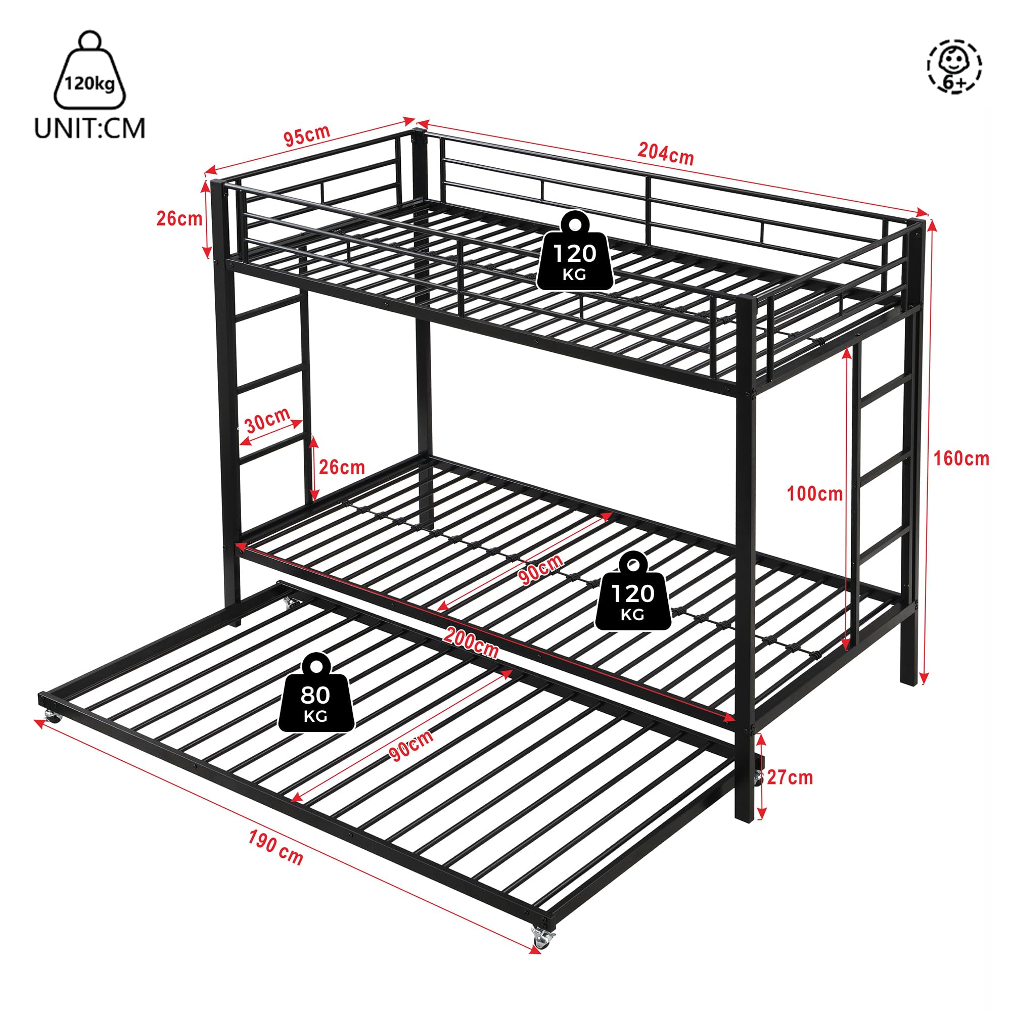 Literas 3 Camas 90x200 cm con Cama extraíble 90x190 cm Incluidas Las Pastillas de Freno, Marco de Camas de Metal con Barreras de Seguridad, con somier de láminas, sin Colchón, Negro
