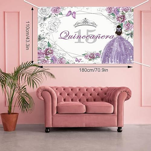 Miniatura 3 de AIBIIN Juego de globos de quinceañera para cumpleaños de 15 años, 80 piezas moradas y plateadas para fotografía de cumpleaños, paquete de pancartas