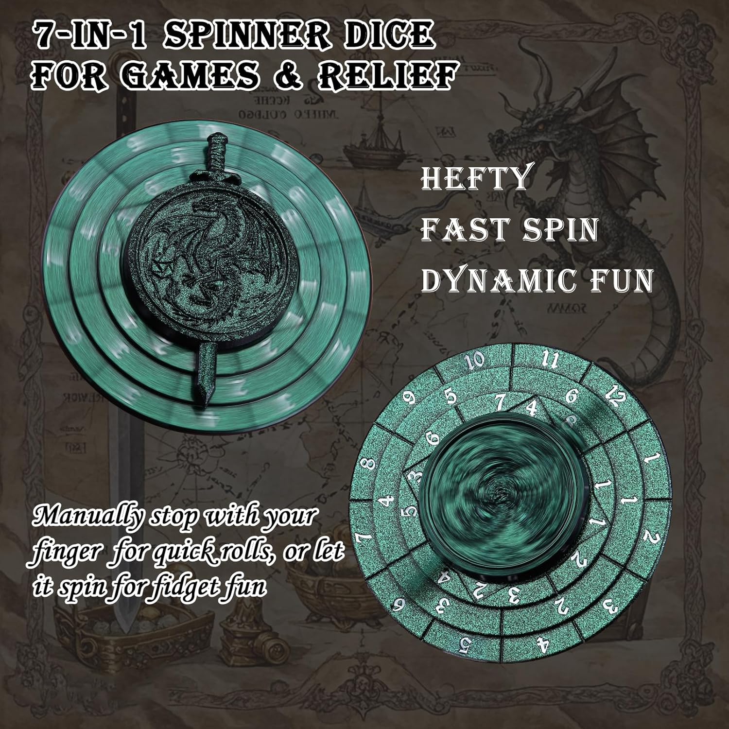 Haxtec Spinner Dice 7-in-1 Metal DND Dice Set Green Unique Dice Spinner Compatible with Dungeons and Dragons DND Gifts TTRPG Role Playing Rotate Gaming Dice