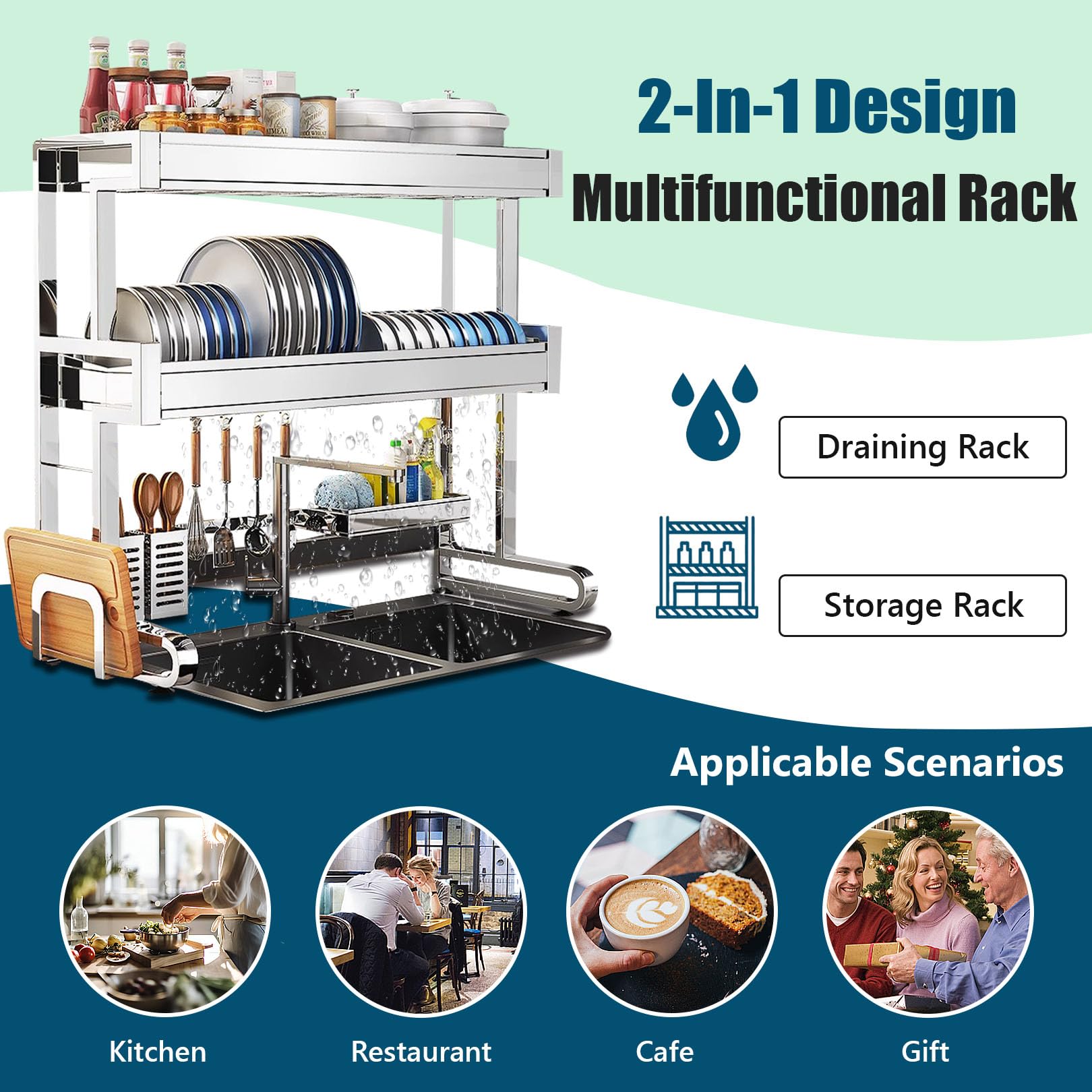 Escurridor de platos sobre el fregadero, estante de 3 niveles ajustable (25,2 a 97 cm) con soporte para esponja para utensilios para organización de encimera de cocina, color plateado