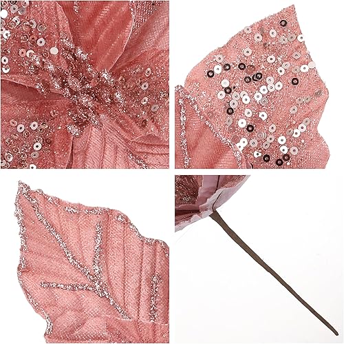 Miniatura 3 de GL-Turelifes Flores de Navidad grandes con purpurina de 10.7 pulgadas, 6 piezas de flores de pascua artificiales, adornos florales plegables para