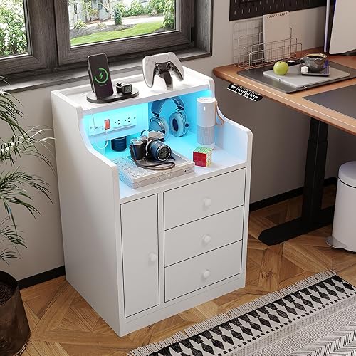 Miniatura 7 de ADORNEVE Juego de 2 mesitas de noche blancas, mesita de noche LED con estación de carga, mesita de noche con cajones, mesa auxiliar moderna de