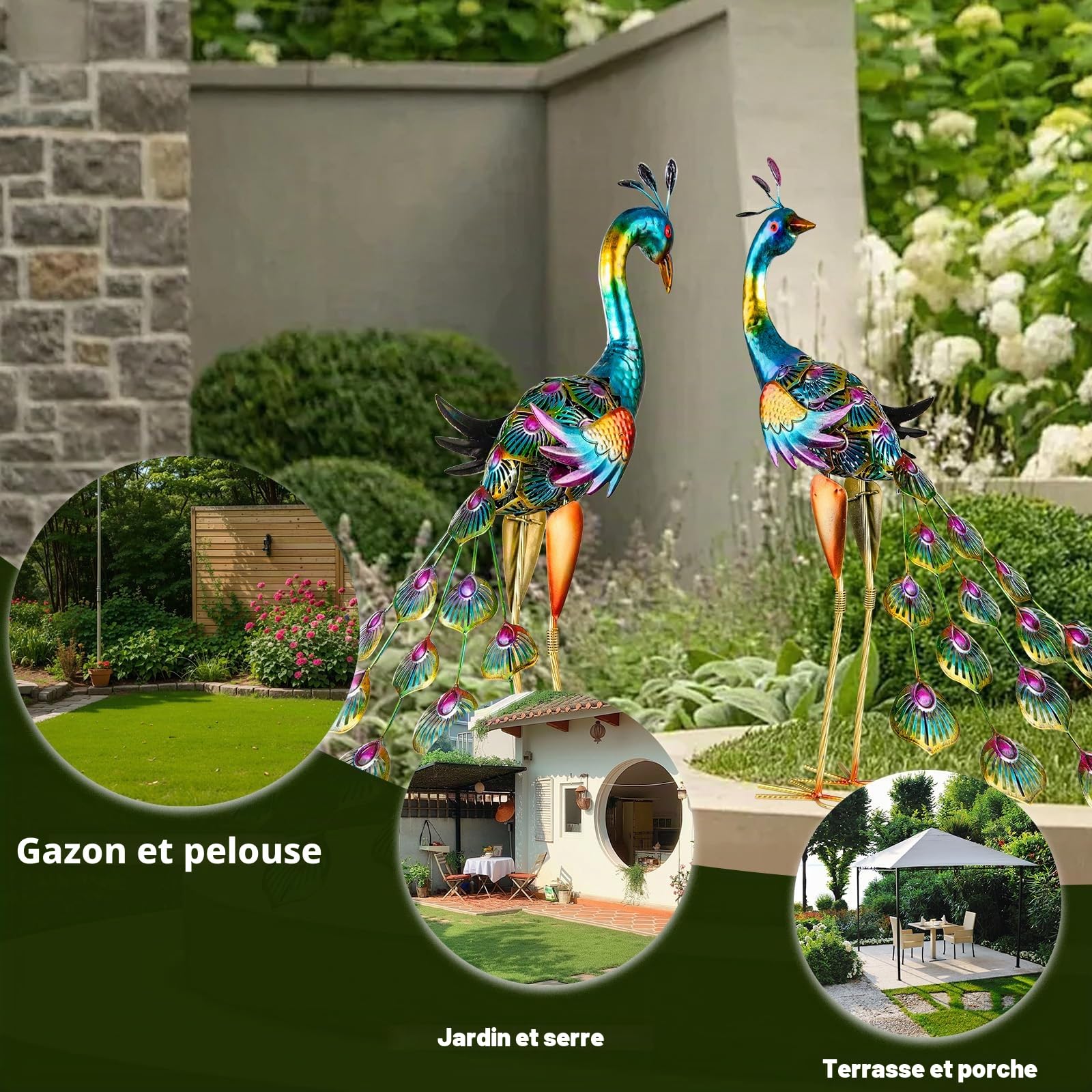 Statues de jardin de paon en métal, sculptures de paon pour la décoration de la cour, du patio, du jardin, de la terrasse, du porche (2 pièces, bleu)