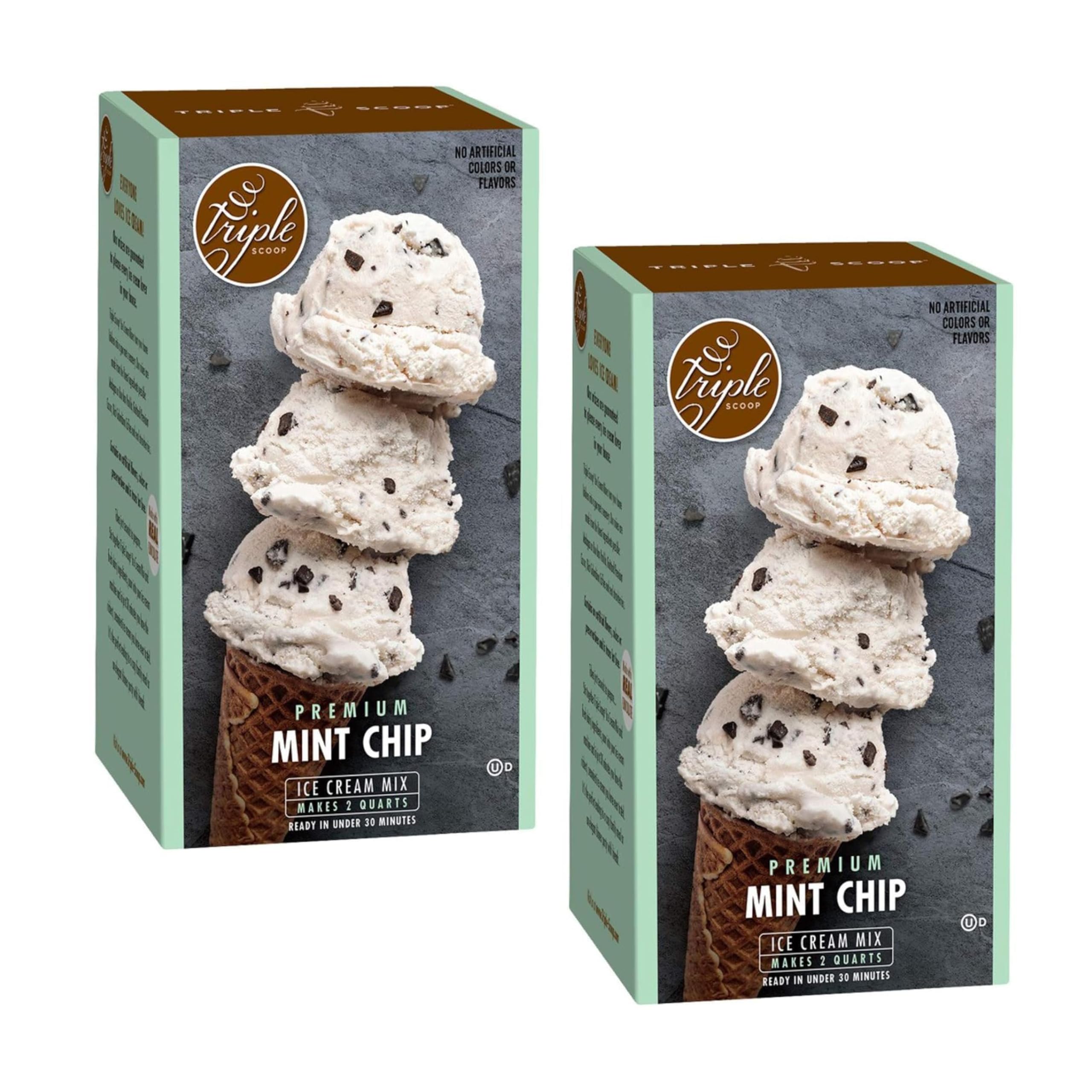 Triple Scoop - Premium Mint Choc Chip (2) Ice Cream Mix For Ice Cream Maker. Simple, Easy, Delicious. From Gourmet Mix To Maker in 5 Minutes, Makes 2 Creamy Qrts, Made in USA (2 Pack, Mint Choc Chip)