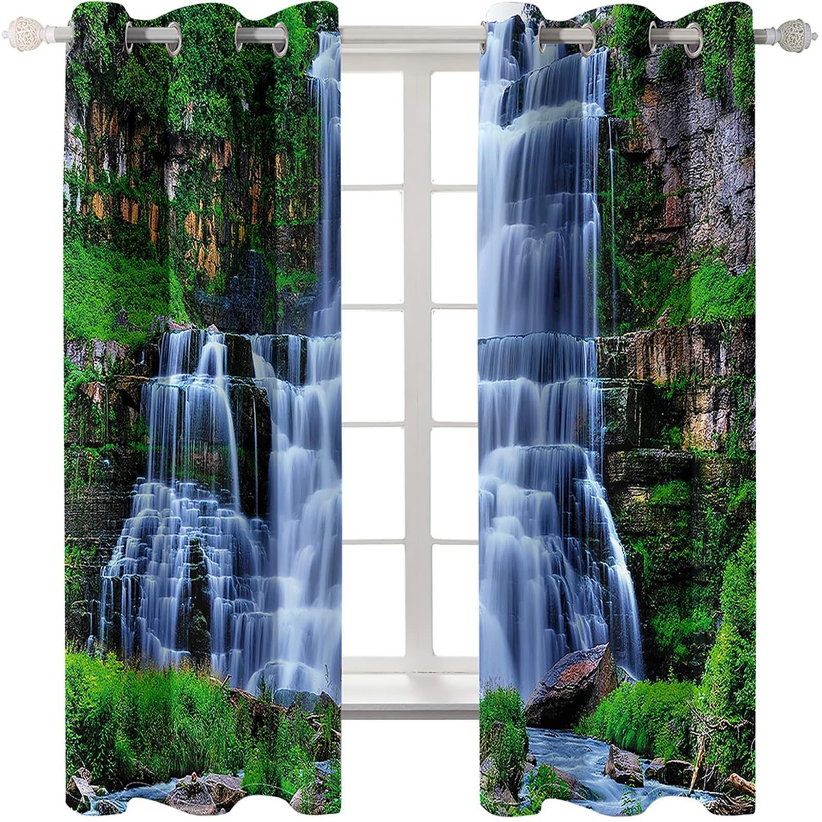 Gualiy Vorhänge Lang 2er Set, Gardinen Blickdicht 86x138 Natur Wasserfalllandschaft Verdunkelungsvorhang Schlafzimmer