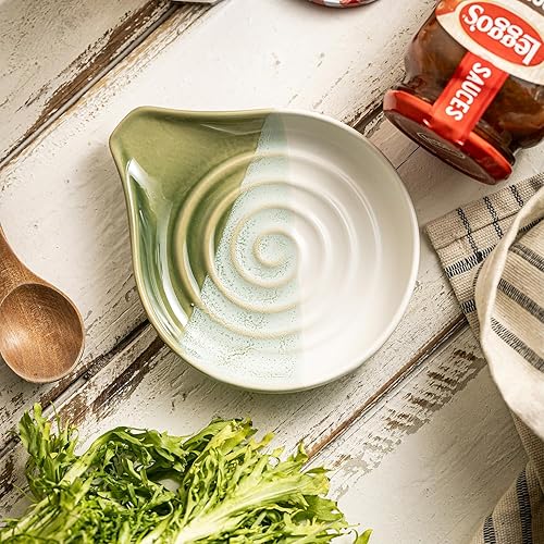 Miniatura 10 de Soporte para cuchara de cerámica con bandeja de goteo profunda, soporte para cuchara para estufa y utensilios para encimera, soporte para cuchara de