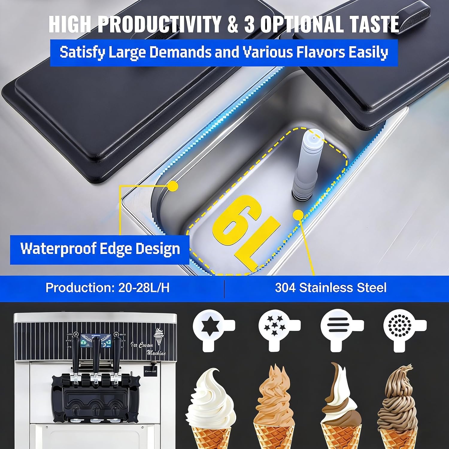 Commercial Soft Ice Cream Machine, 2200W Serve Yogurt Maker, 3 Flavors Ice Cream Maker, 5.3 to 7.4 Gallons per Hour Auto Clean LCD Panel for Restaurants Snack Bars (YKF-8228H)