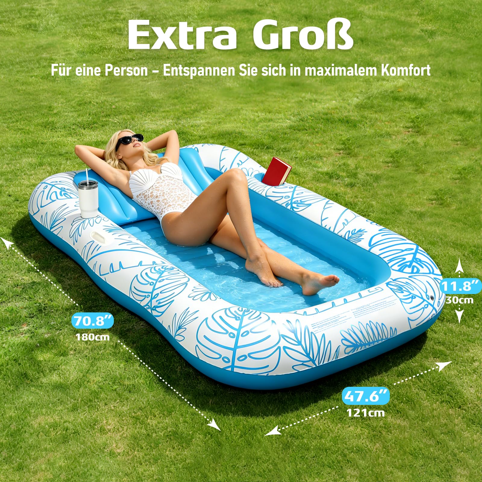 Amteker Aufblasbare Tanning Pool Bed, 70" x 46"/84" x 56"Sonnenpool Lounger Mit Kissen, Getränkehalter & Handyfach, Sonnenliege Luftmatratze Pool Erwachsene Zum Sonnen Für Garten & Strand