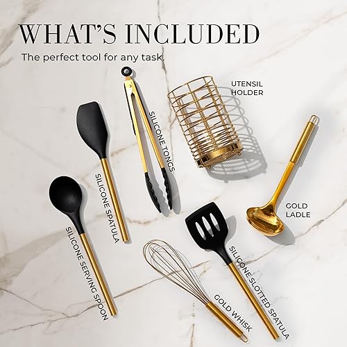 Miniatura 2 de Juego de utensilios de cocina negros y dorados, paquete de 9 piezas con soporte dorado para utensilios, cuchillo de chef y soporte de cuchara de