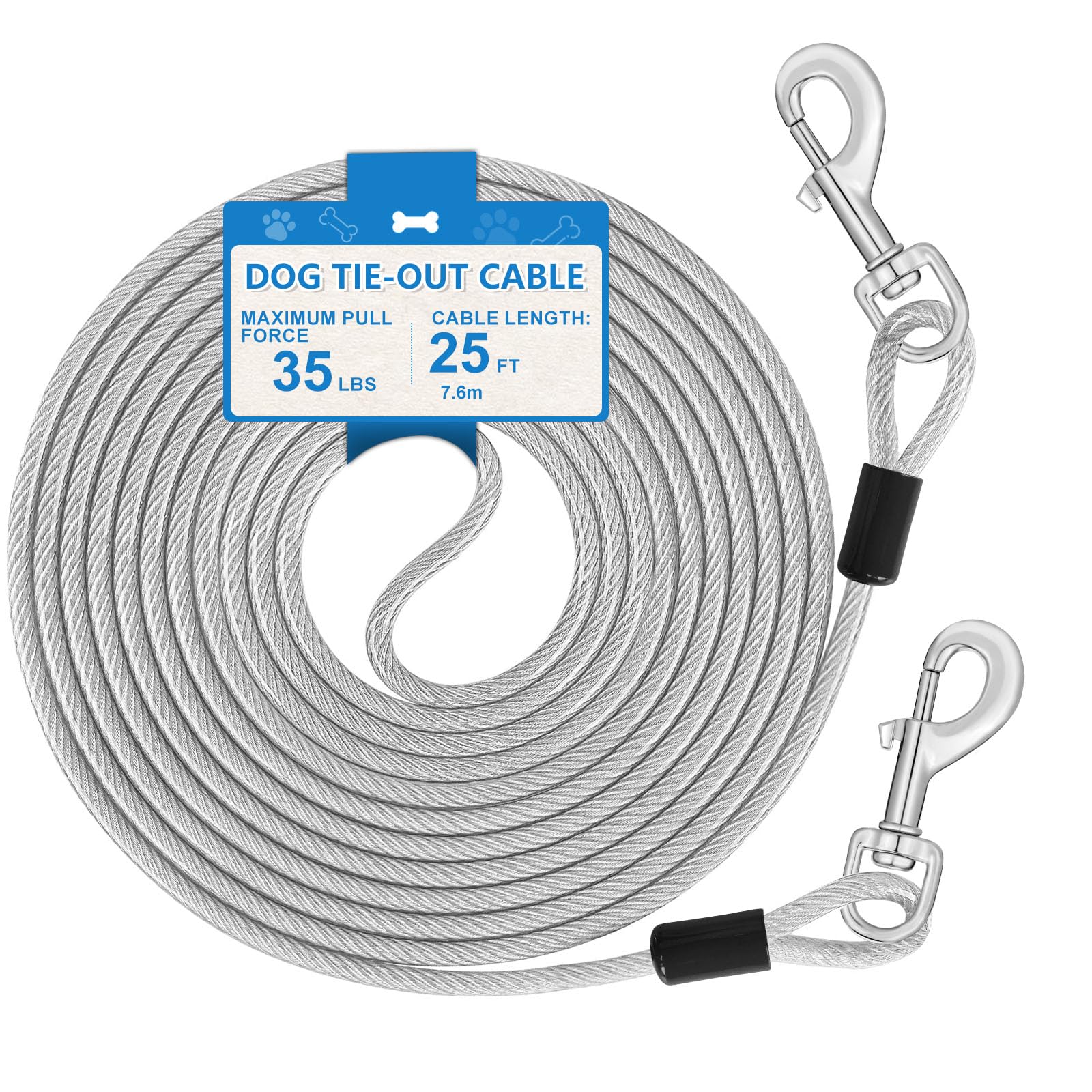 Tie Out Cable, 15/25/40/50 FT Runner Cable with Swivel Hook,Dog Leash Run Tether for Yard Outdoor and Camping,for Small to Medium Pets Up to 250 LBS（