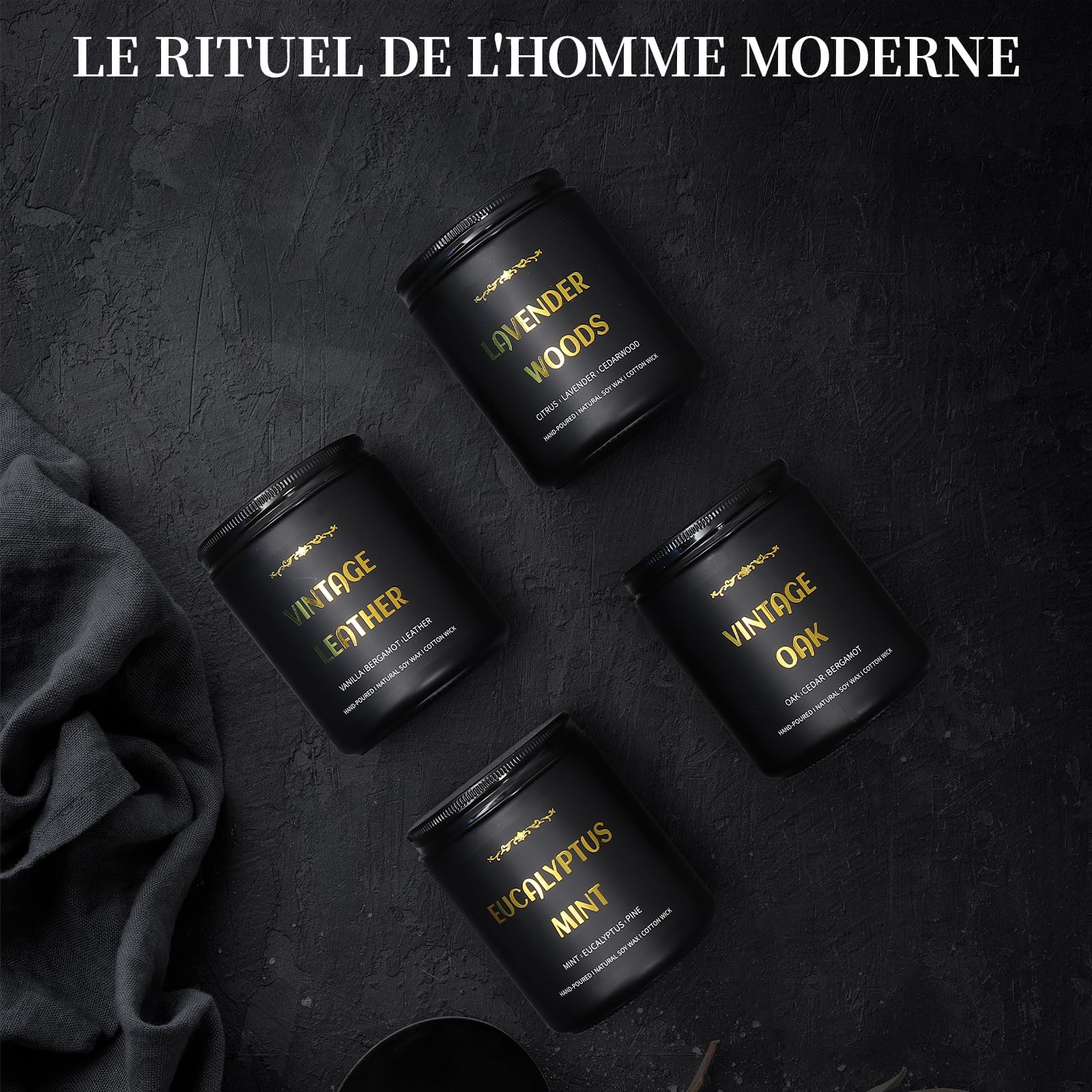 Bougies Parfumées pour Hommes Lot de 4, Bougies de Soja 790 ml, 200 Heures de Combustion, Lavande/Eucalyptus/Cuir/Chêne