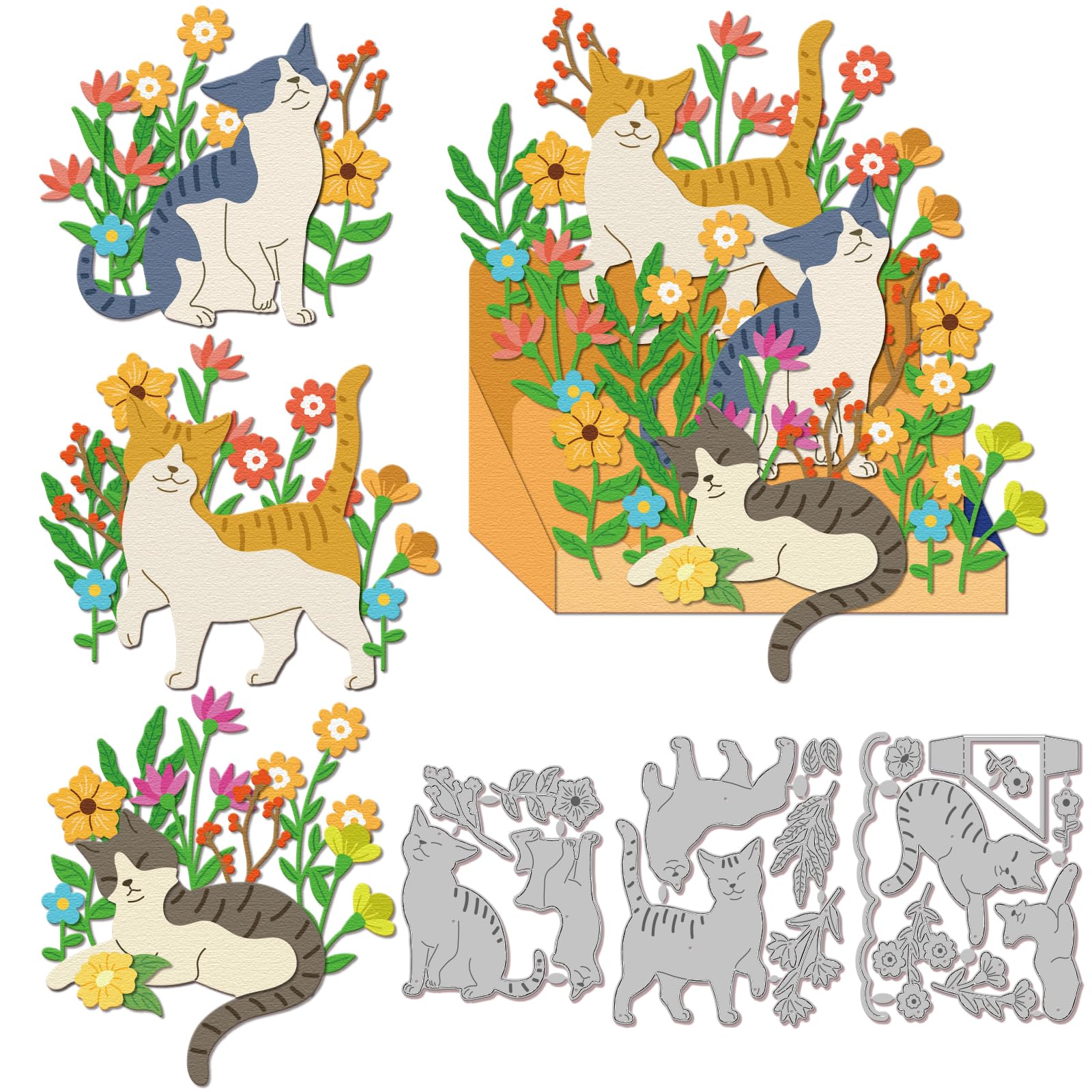 GLOBLELAND Cat Flowers Cutting Dies for DIY Scrapbooking Metal 3D Box Cut Dies Plants Die Cuts for Card Making Embossing Photo Album Craft Decor